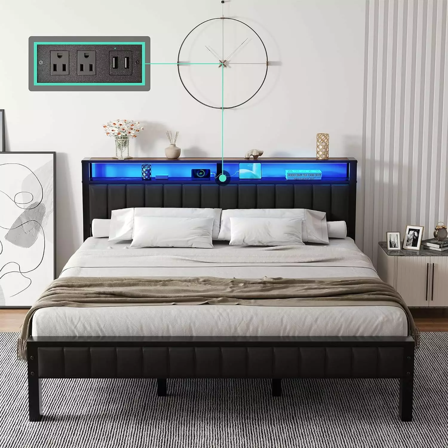 LUXOAK King Sturdy Bed Frame 2 Storage Drawers LED Rustic Brown