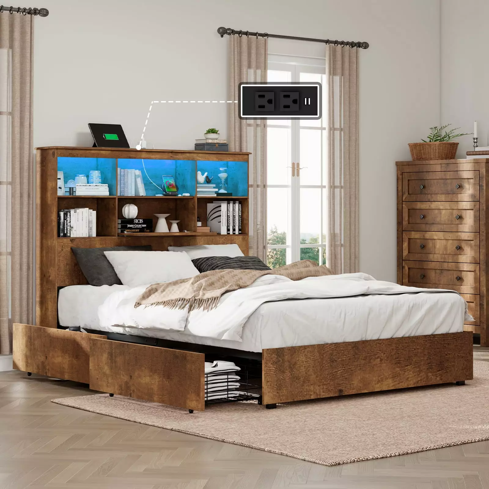 LUXOAK Queen Size Bed Frame LED Bookcase Headboard Wooden Storage Bed Charging Station Rustic Brown