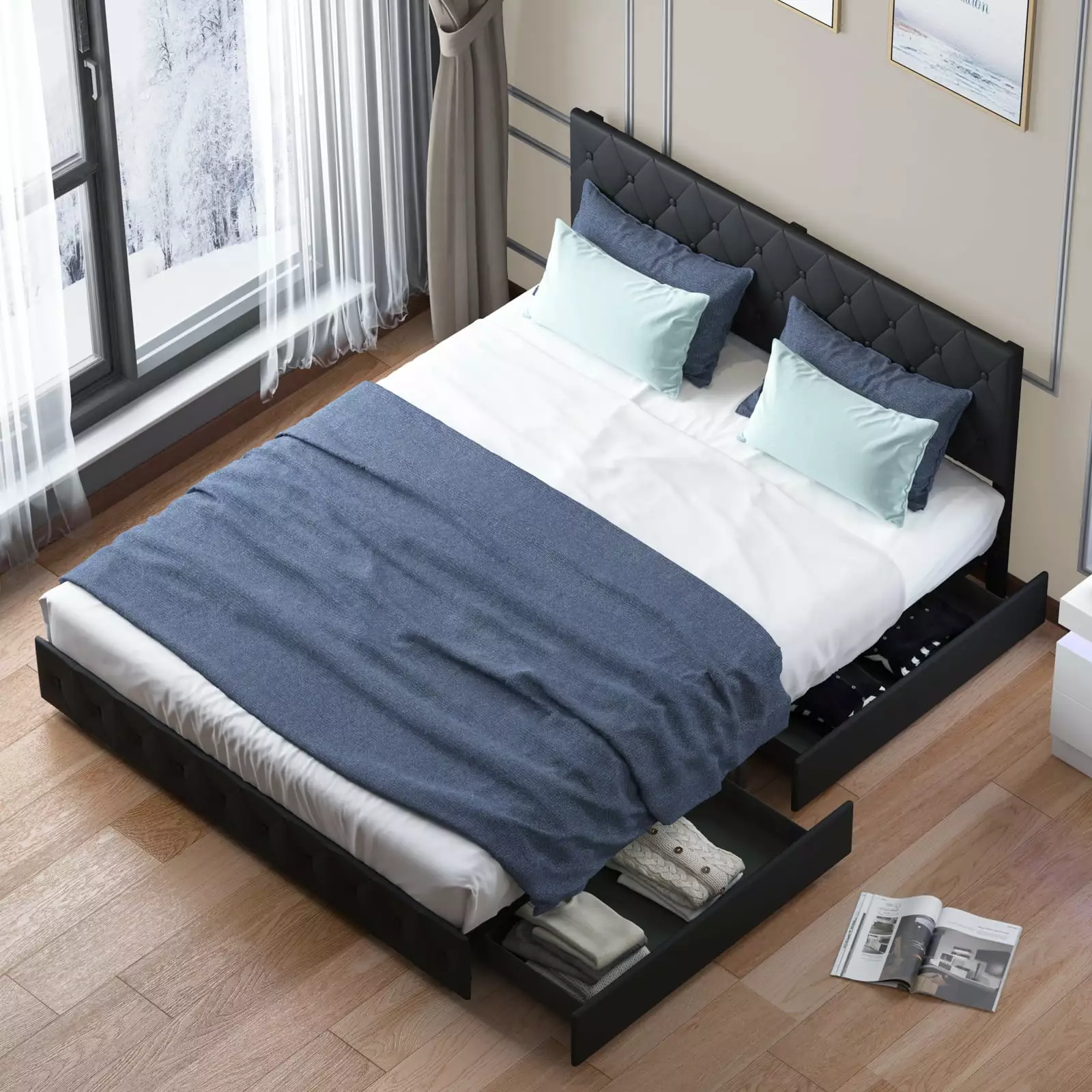 Mjkone Modern King Size Upholstered Platform Bed Frame 4 Storage Drawers and Adjustable Headboard Black