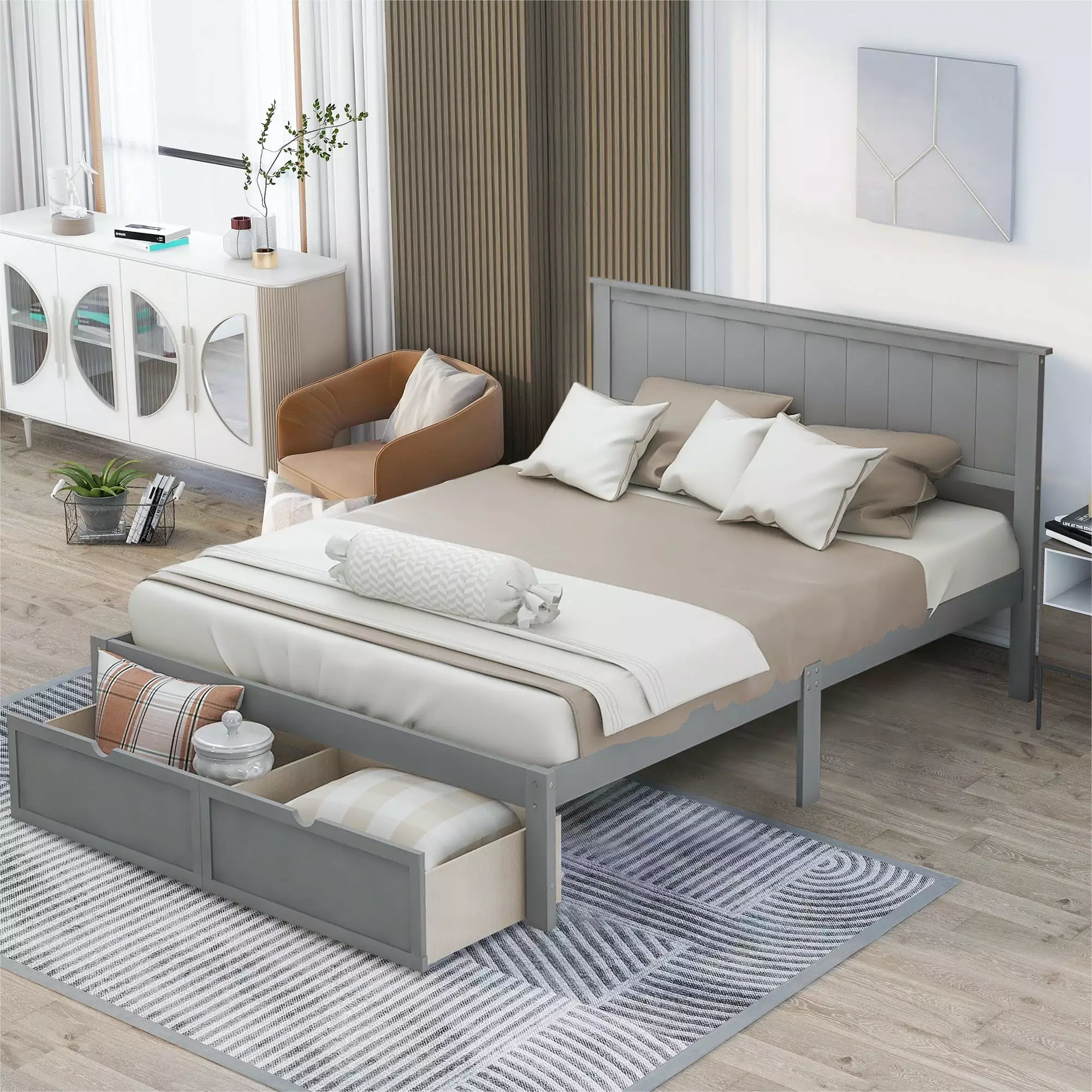 paproos Full Size Platform Bed Storage - Modern Gray Wood Bed Frame Headboard and Drawer