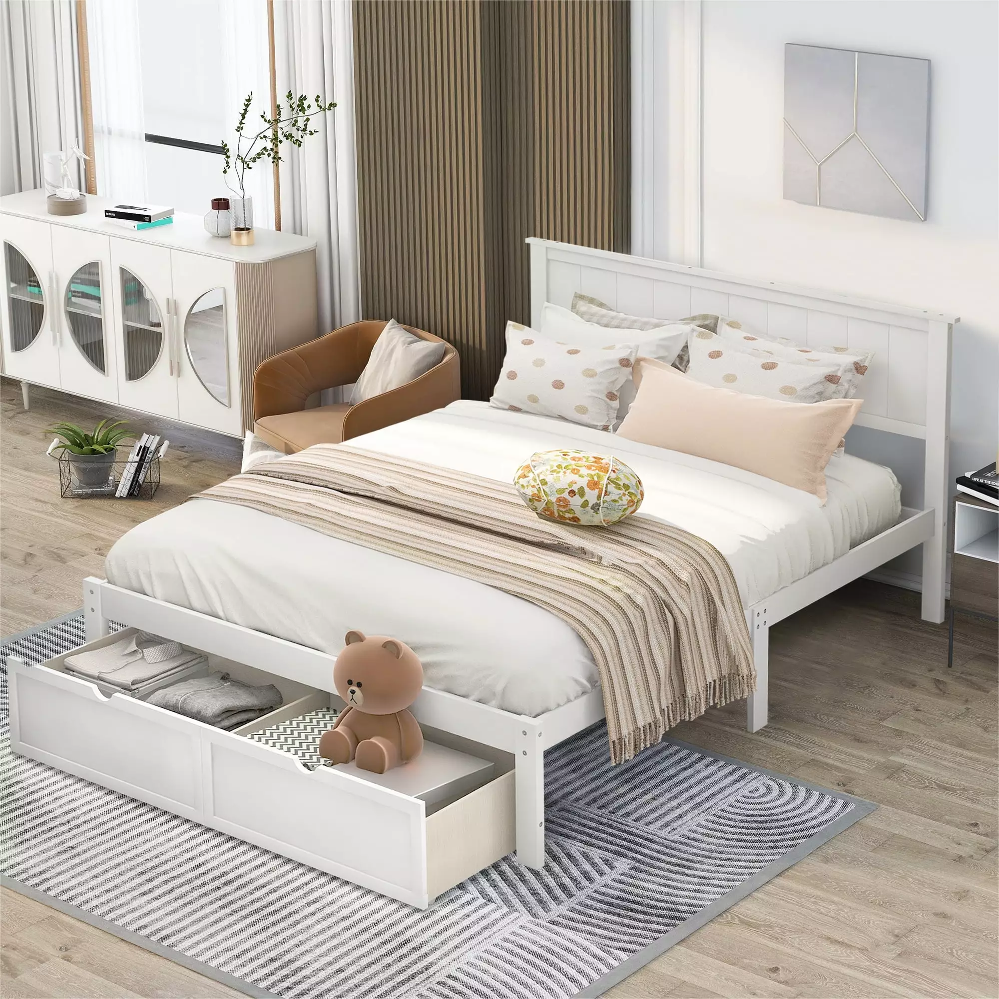 paproos Full Size Storage Bed Headboard and Under-bed Drawers - Space Saving Platform Frame