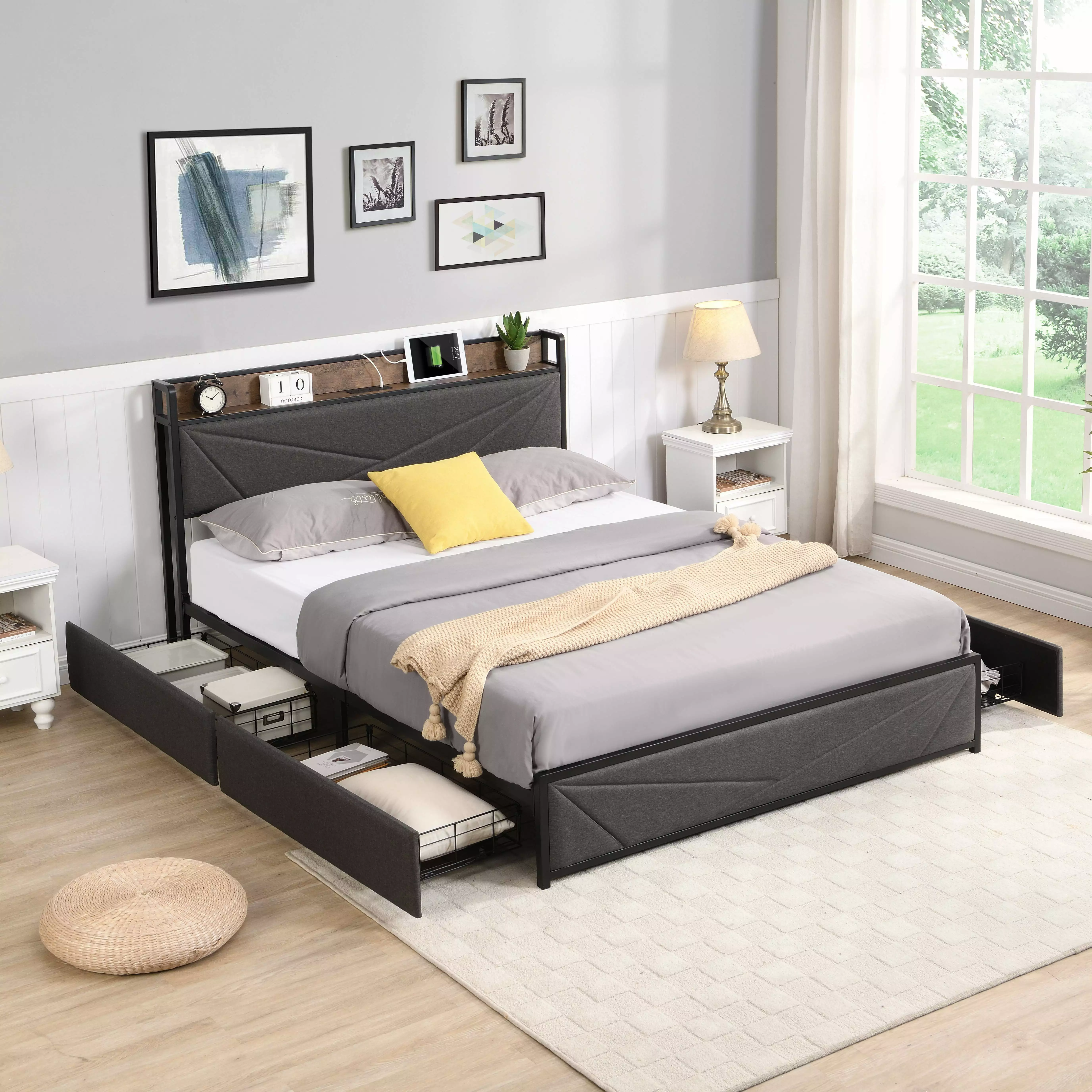 PAPROOS Full Size Upholstered Platform Bed Charging Station and 4 Drawers Dark Gray