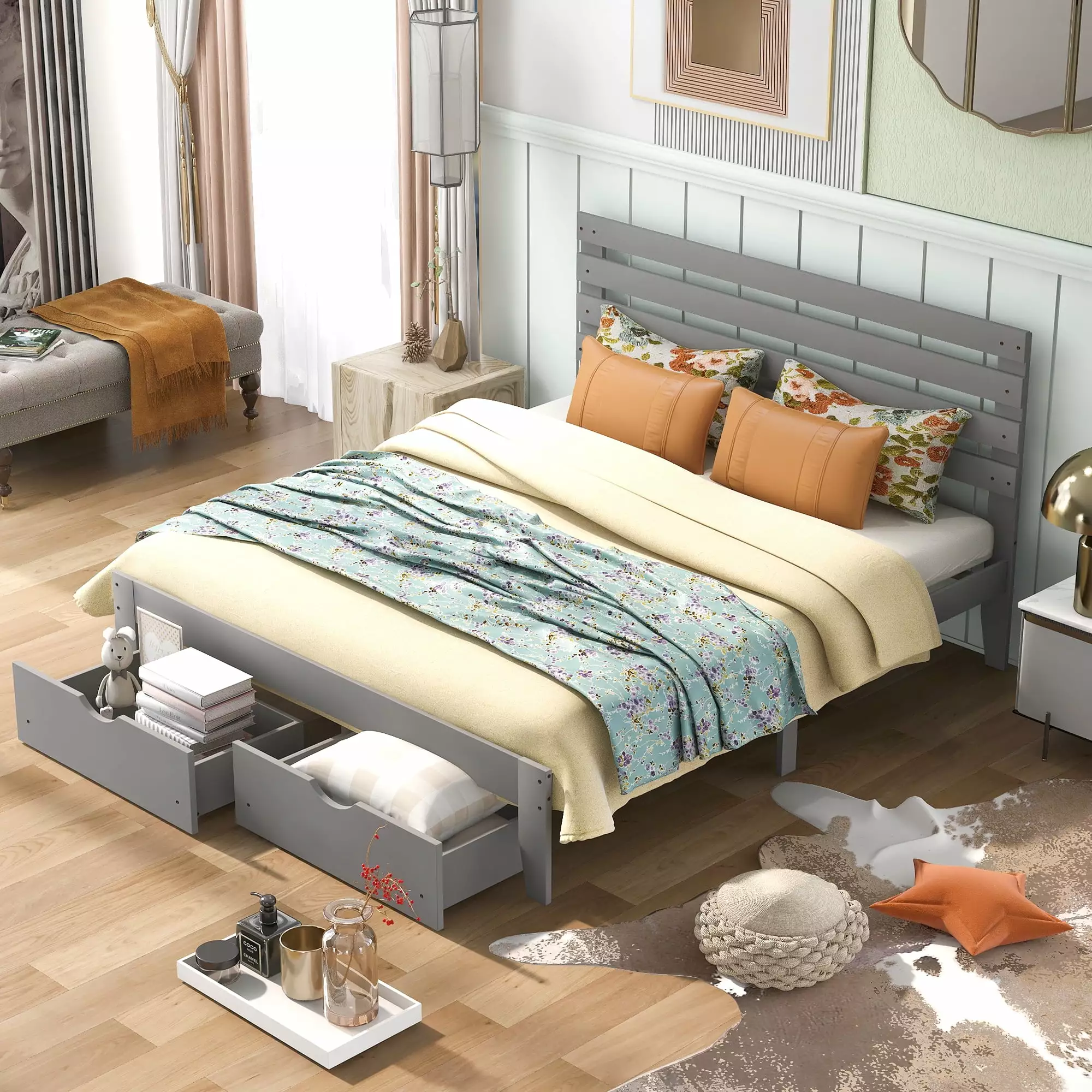 PAPROOS Queen Bed Storage Drawers Heavy Duty Wood Platform Bed Gray