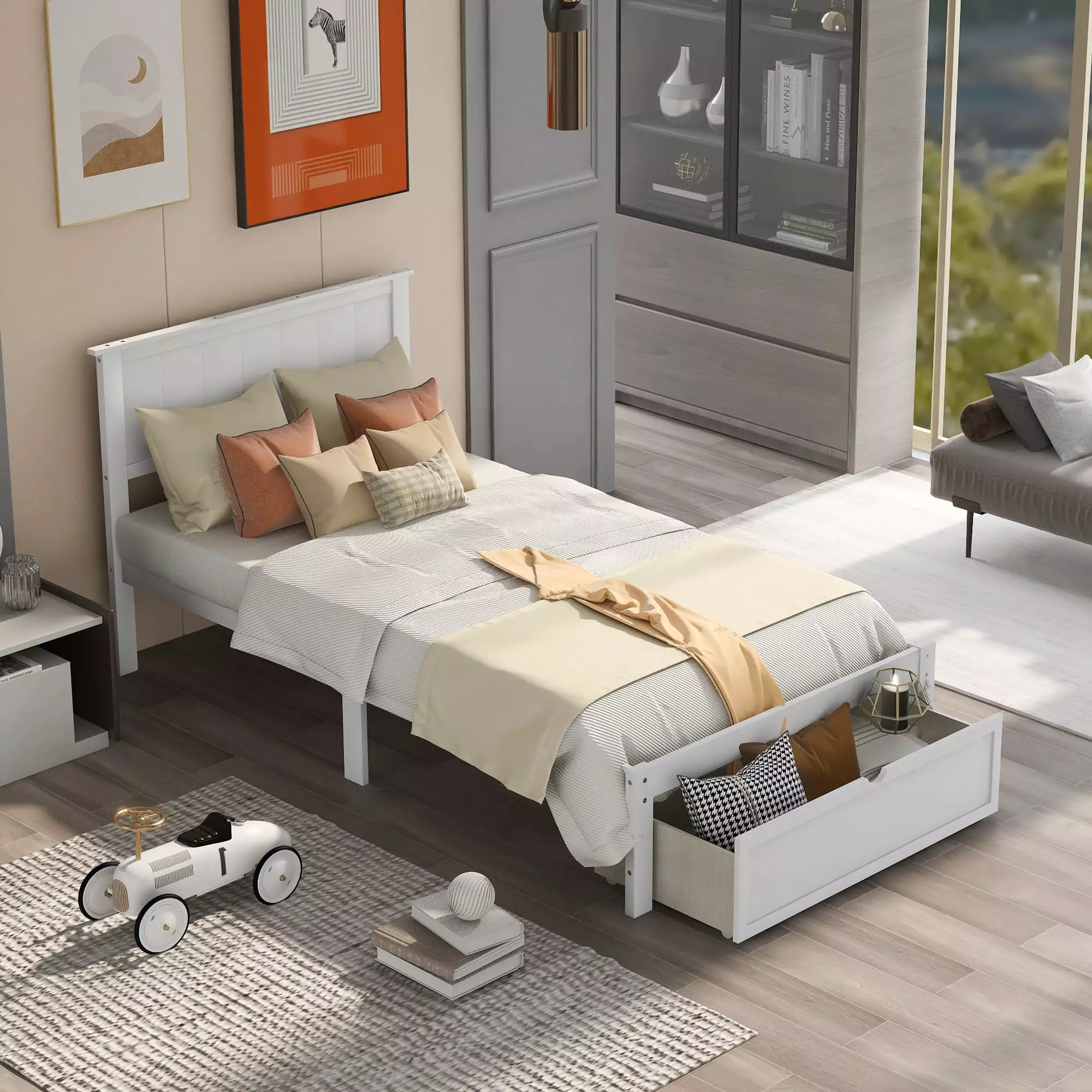 Paproos Twin Size Platform Bed Storage Modern Wood Bed Frame Under-bed Drawer No Box Spring Needed White