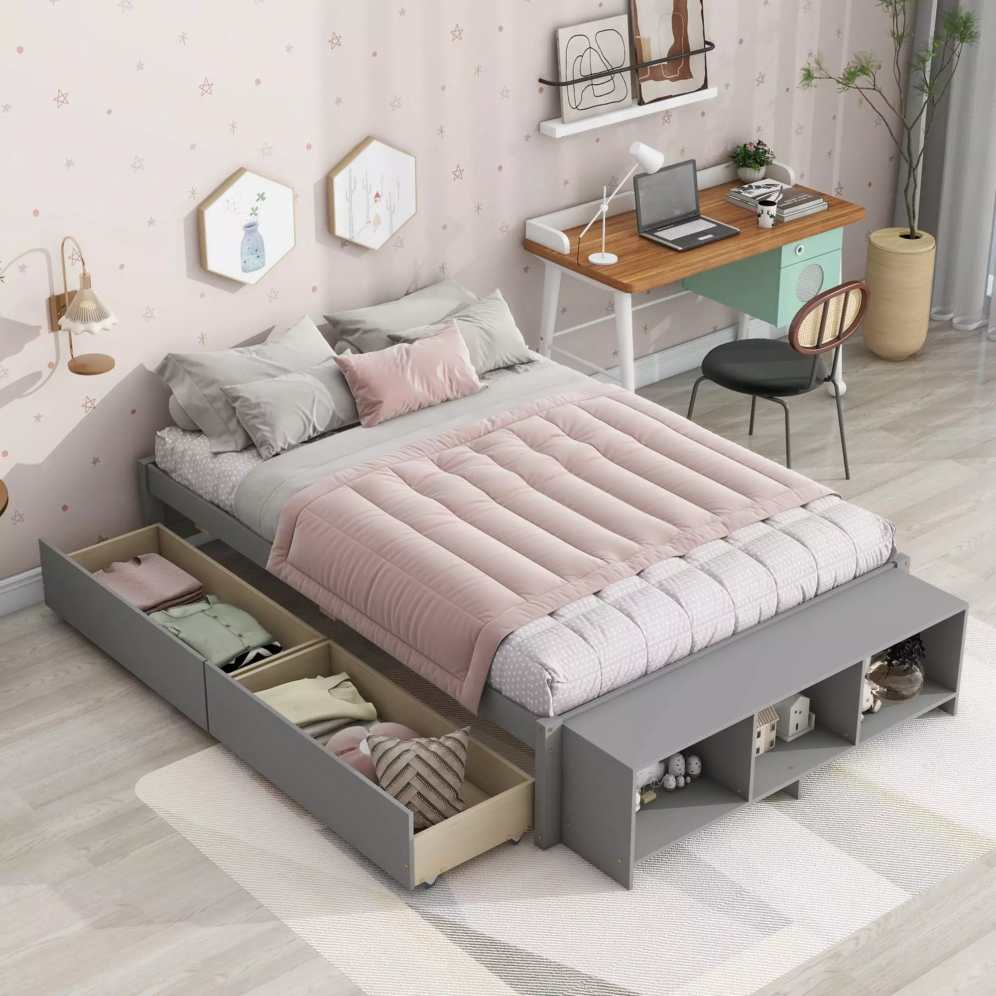 Full Size Bed Frame Storage Cubes Footboard Pine Wood Platform Bed 2 Drawers on Casters Kids Teens Gray Syngar