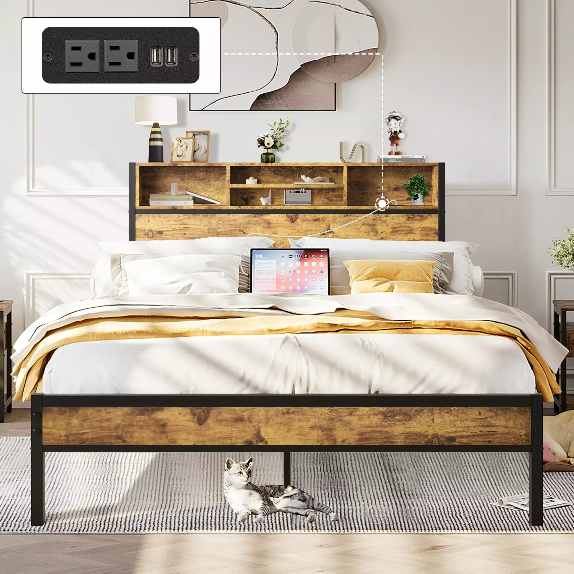 Syngar Full Bed Frame Storage Headboard Wood Platform Bed Frame Charging Station USB Outlet Kids Teens Adults Bedroom No B...