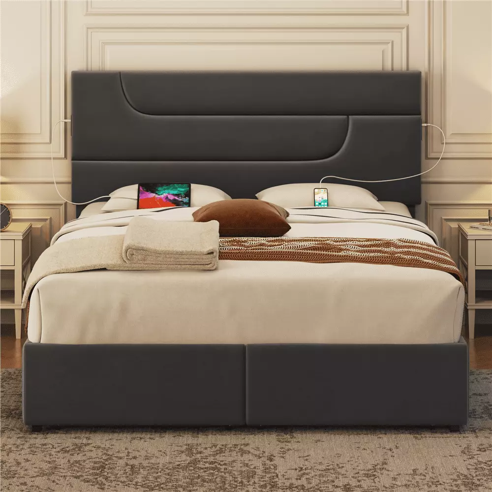 Topeakmart Queen Upholstered Bed 4 Storage Drawers and Built- USB Ports Dark Gray Platform Bed