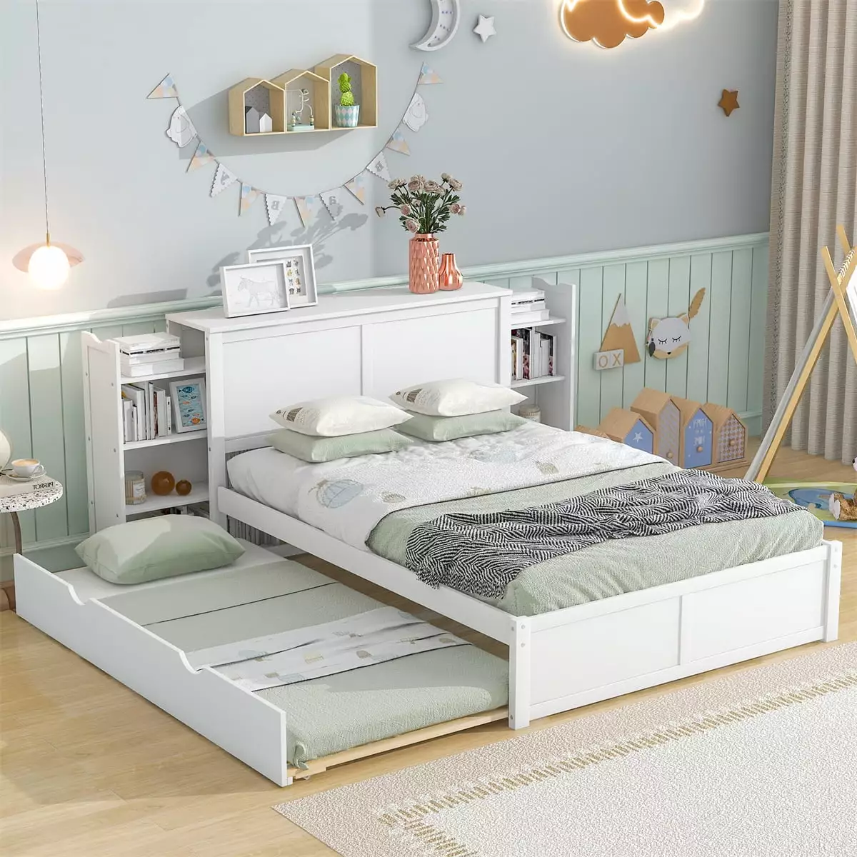 Full Size Bed Pull Out Shelves Twin Trundle Wood Platform Storage Headboard Kids Boys Girls Teens Bedroom White Triple Tree