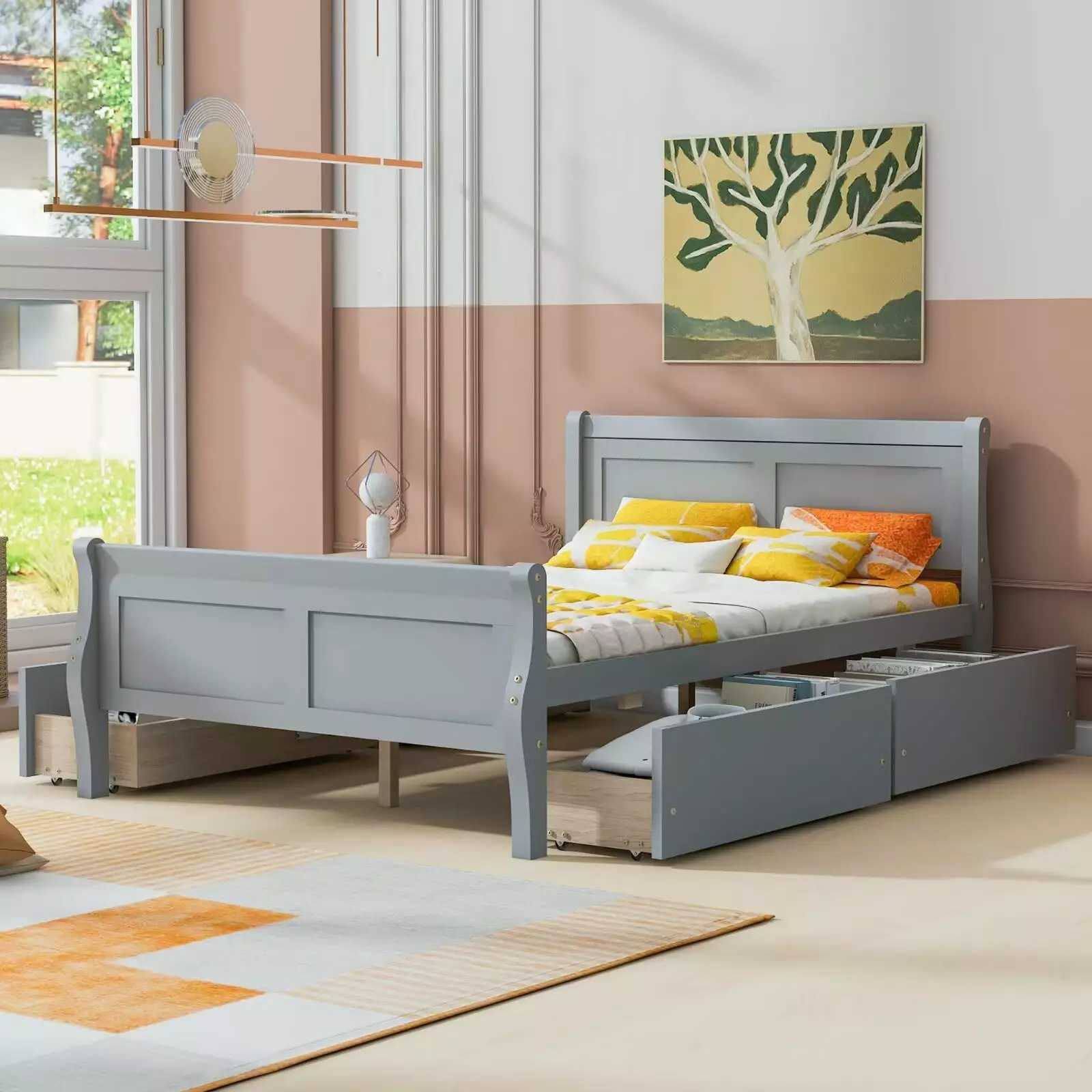 Full Size Platform Bed Frame Solid Wood Storage Bed 4 Drawers on Wheels Gray Triple Tree
