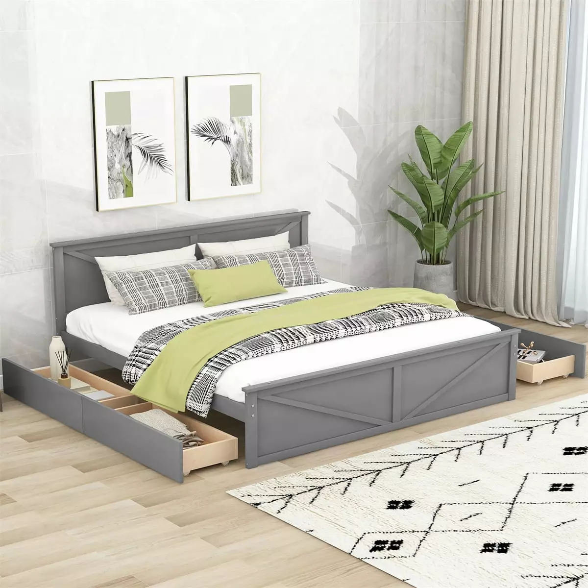 King Size Platform Bed Wooden Frame 4 Storage Drawers Kids Teens Adults Gray No Box Spring Needed Triple Tree