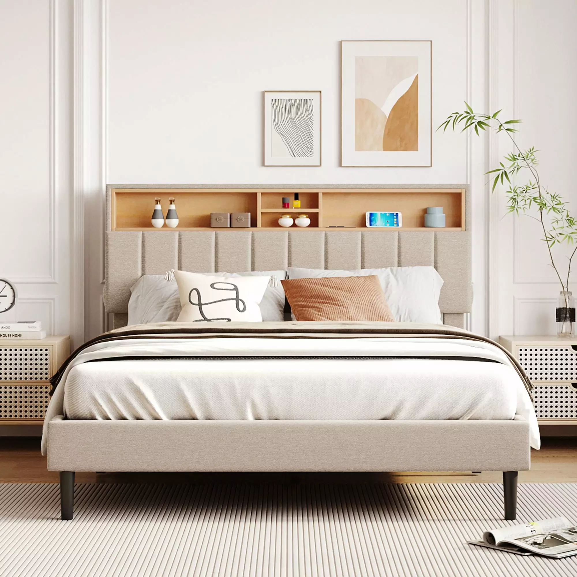 Queen Size Upholstered Platform Bed Storage Headboard USB Port Beige Triple Tree