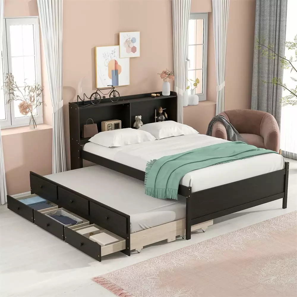 Wooden Full Size Platform Bed Storage Drawers Twin Trundle Kids Toddlers Teens Bookcase Headboard Bedroom Apartment Loft N...