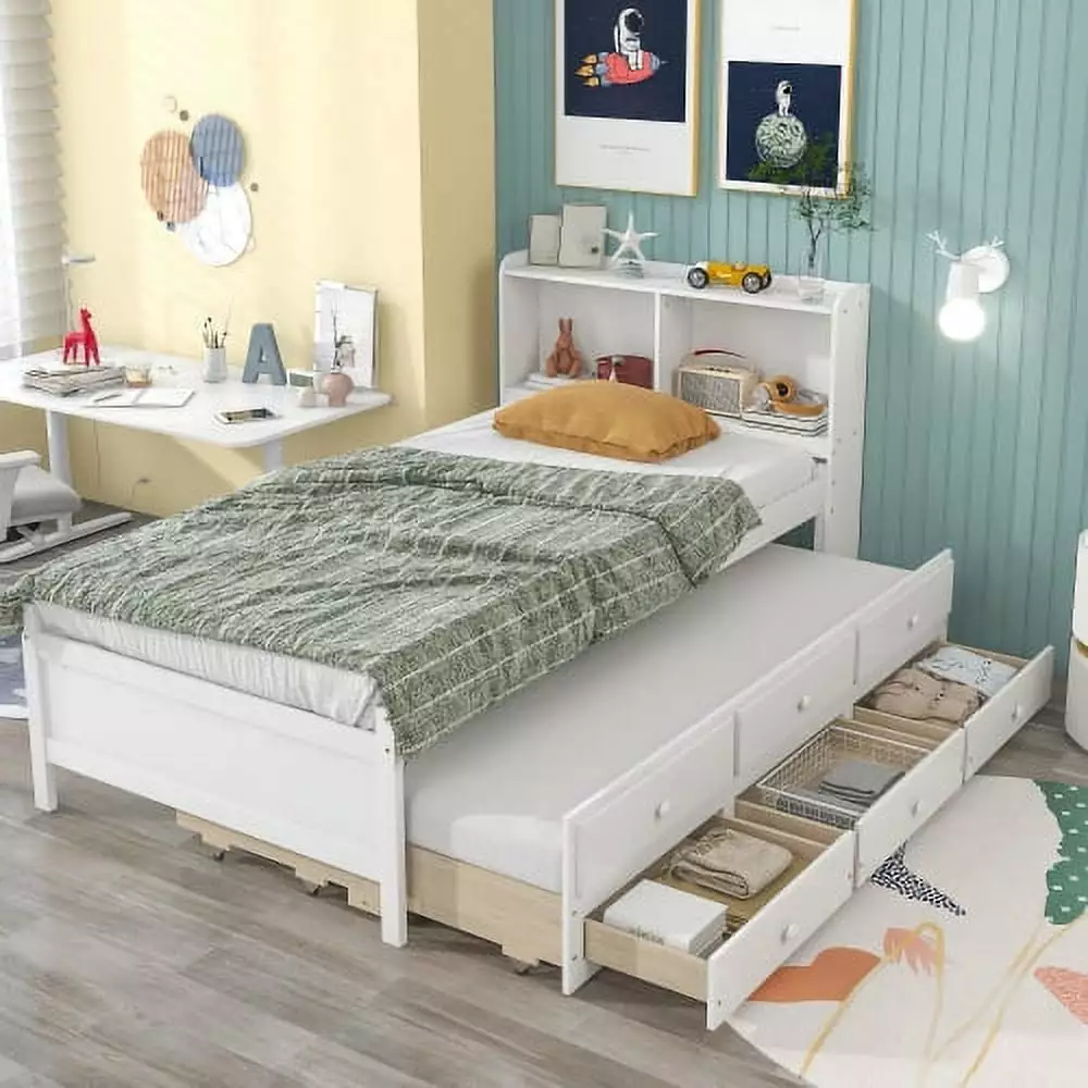 Wooden Twin Size Platform Bed Storage Drawers and Trundle Kids Teens White Triple Tree