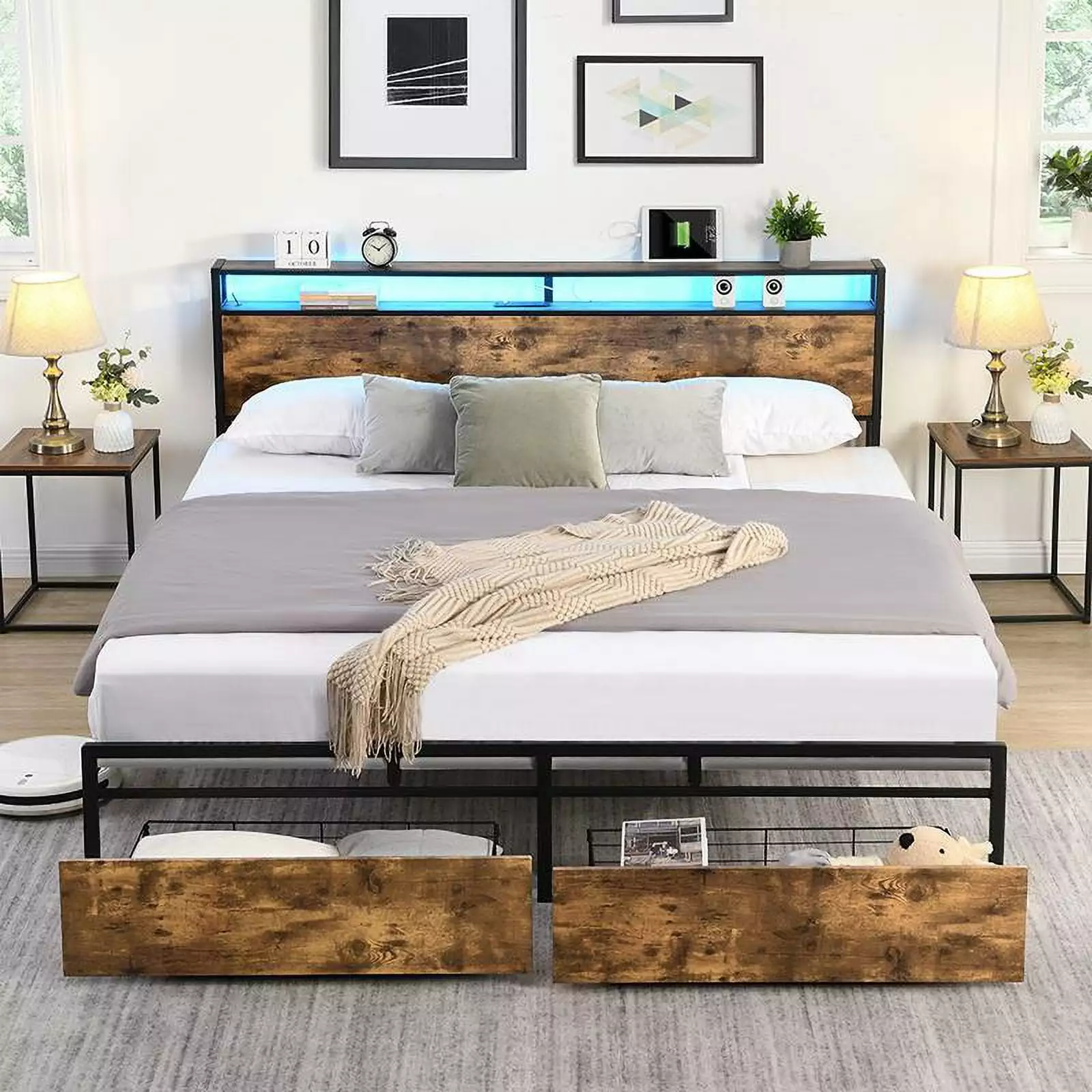 UBesGoo Queen LED Bed Frame Headboard and 2 Drawers Storage USB Charging Station Platform Bed Dark Brown