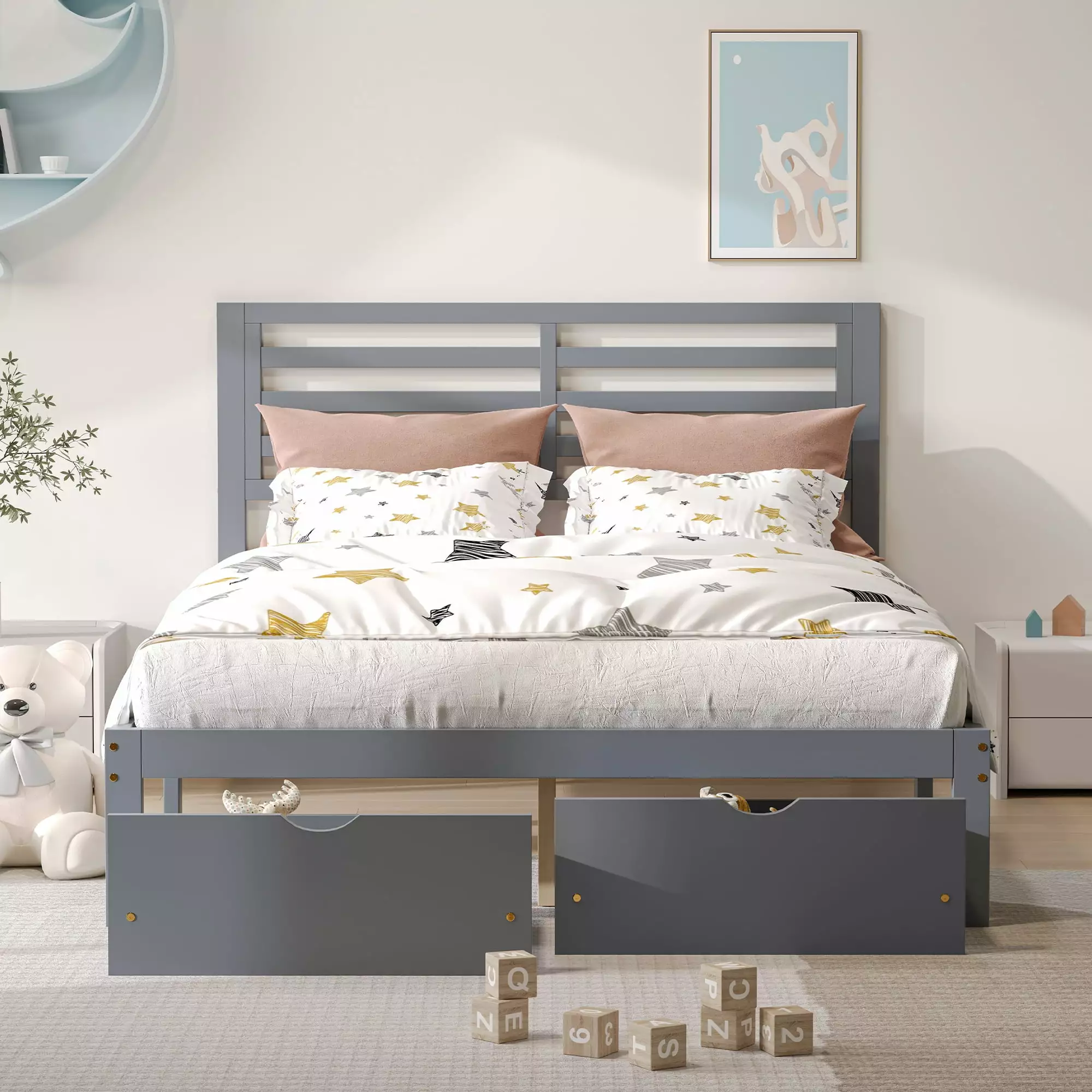 Full Size Platform Storage Bed Headboard and Drawers, Gray Pine Wood Frame uhomepro
