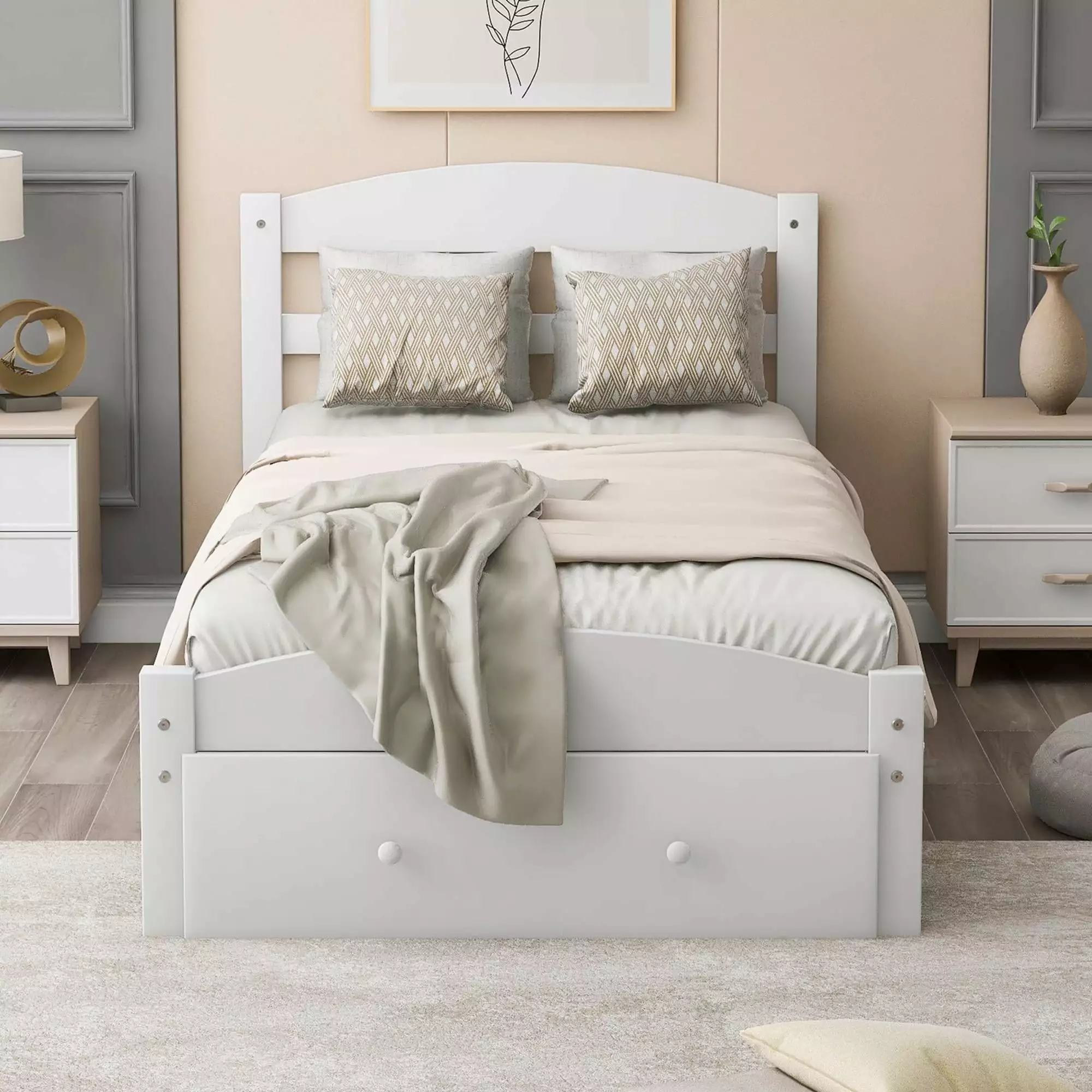 Twin Bed Kids Storage Drawer Upgrade Pine Wood Bed Frame Headboard and Footboard Modern Kids Bed Furniture Bedroom Holds 2...
