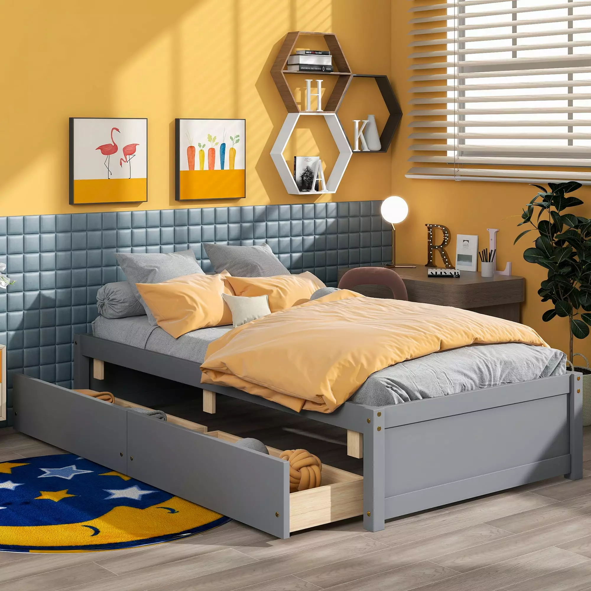 Uhomepro Gray Platform Storage Bed 2 Drawers No Box Spring Needed