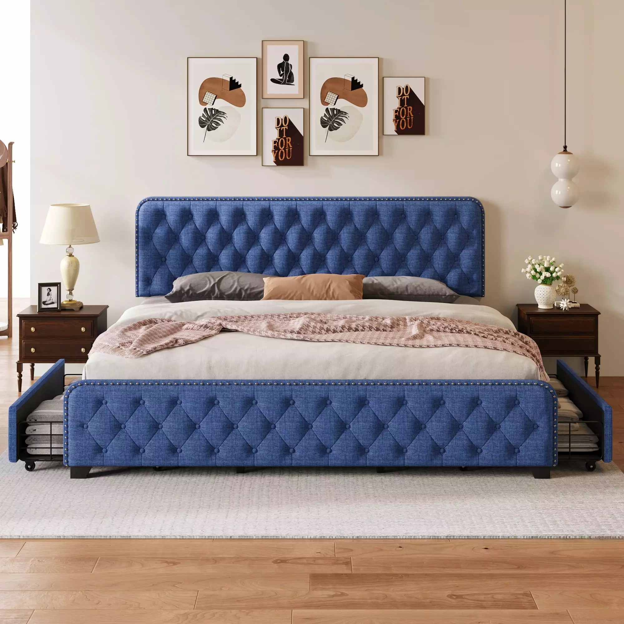 uhomepro King Size Upholstered Storage Platform Bed Frame Nail Trim Headboard No Box Spring Needed Blue