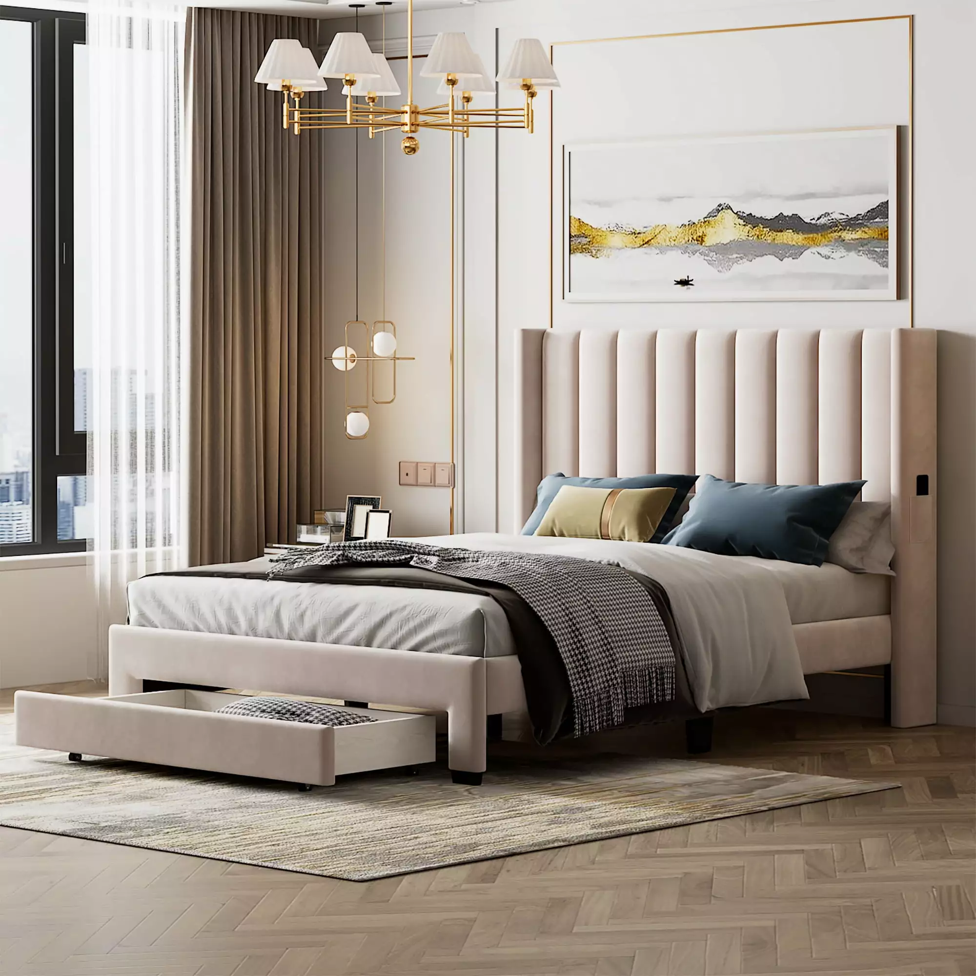 uhomepro Queen Storage Platform Bed Frame Upholstered Headboard Big Drawer Wood Slat Support No Box Spring Beige