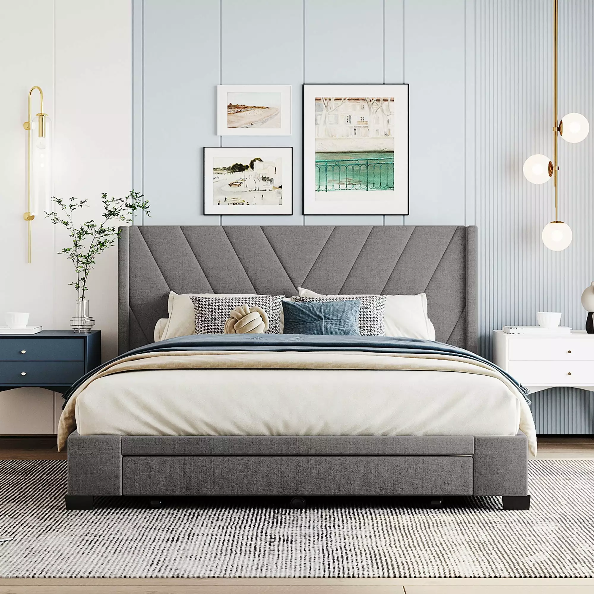 uhomepro Upholstered Queen Platform Storage Bed Frame Linen Headboard Big Drawer Wood Slat Support No Box Spring Needed Gray