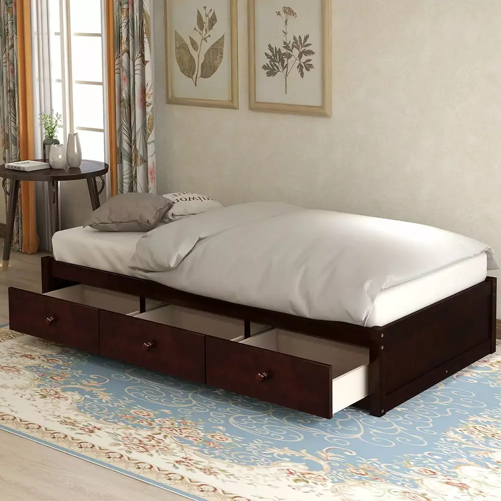 Veryke Solid Wood Twin Platform Storage Bed Frame 3 Drawers Espresso