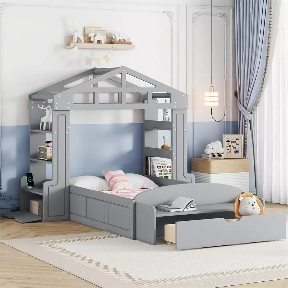 Twin Size Houtilize Bed Bench, Socket, Shelves, and Storage Platform - No Box Spring Needed - Gray Wood Bed Frame Kids and...