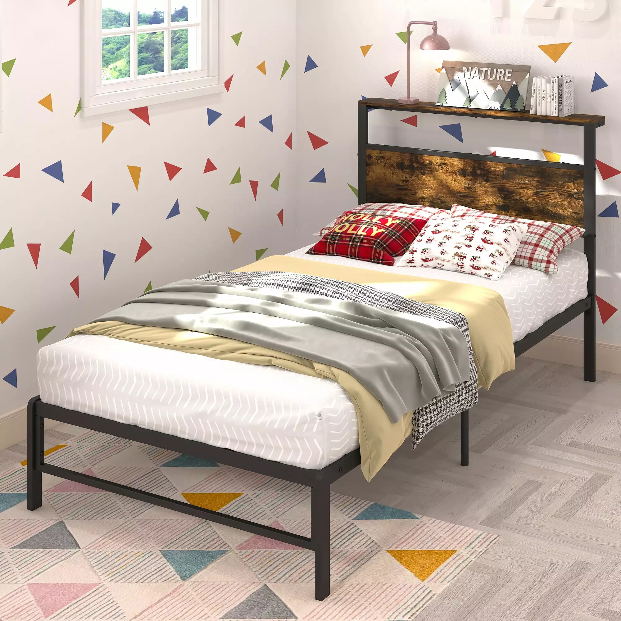 Yoneston Kids Twin Size Metal Platform Bed Storage Headboard 12 Mattress Foundation Caramel Brown