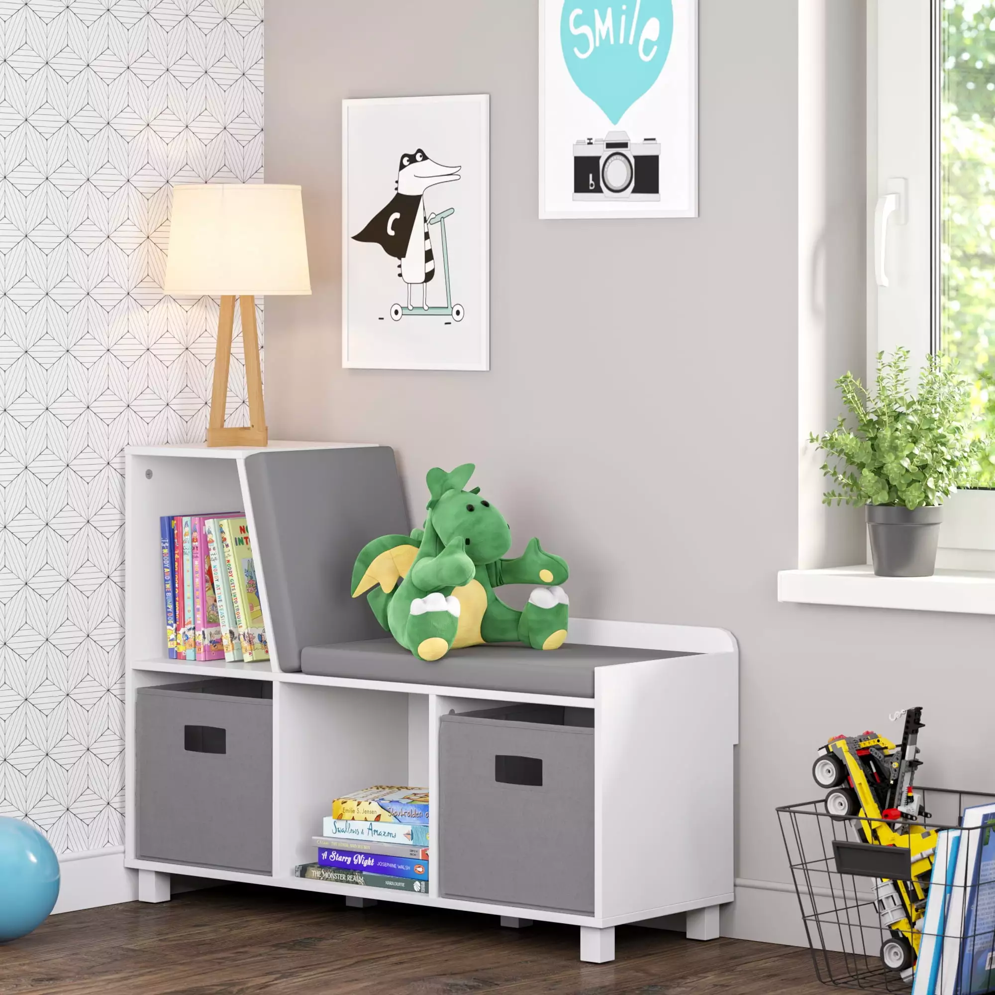 RiverRidge Kids Reading Nook Cushioned Toy Storage Bench Cubby Arrangers and 2 Gray Bins