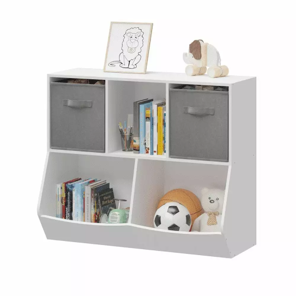 CATLK Kids Bookcase Collapsible Fabric Drawers Children's Toy Storage Cabinet Playroom Bedroom Nursery School Gray