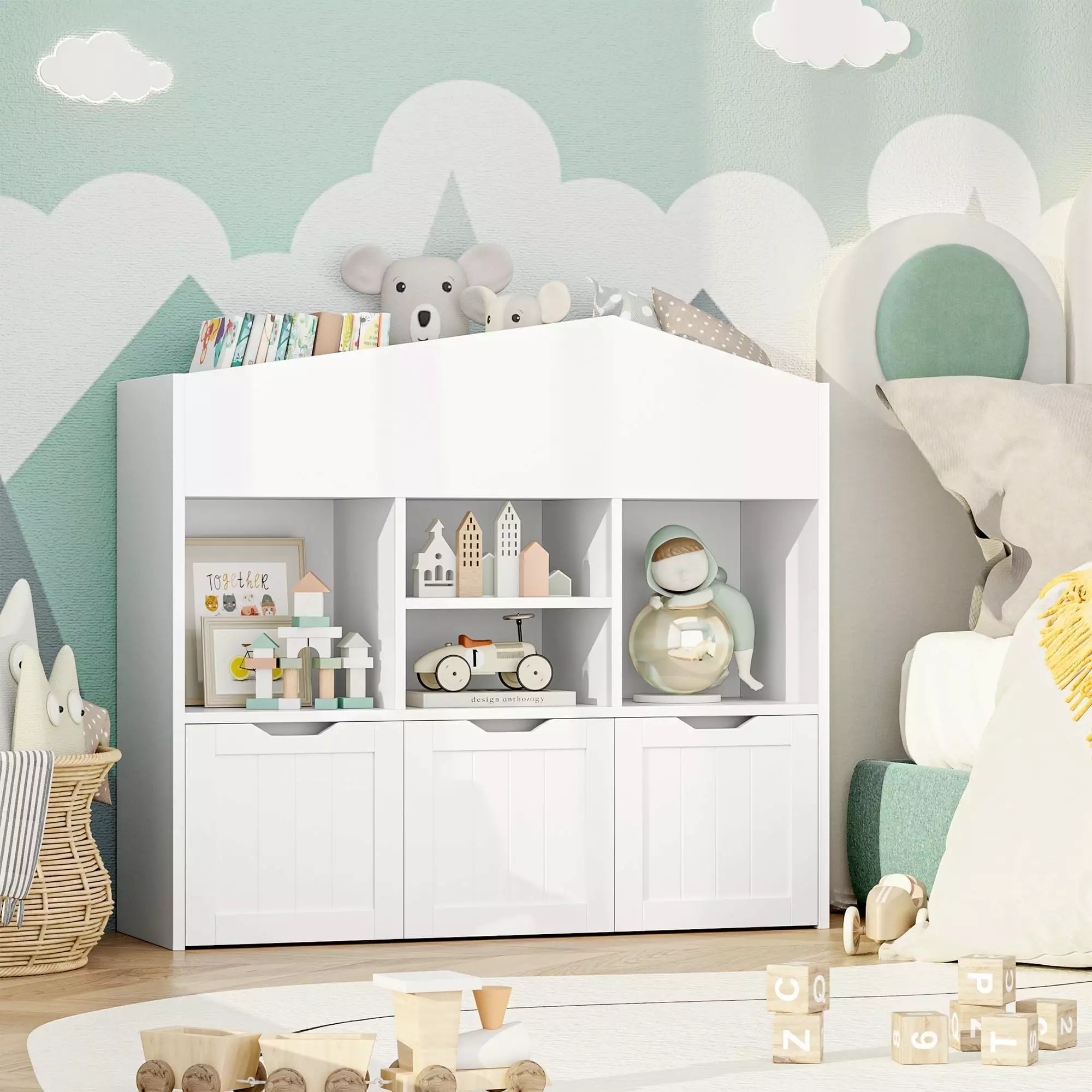 Homfa 3--1 Kids Toy Storage Cabinet Bookshelf 3 Drawers 39.4L x 12.8W x 35.4H Sturdy Toy Arranger Kids Room White
