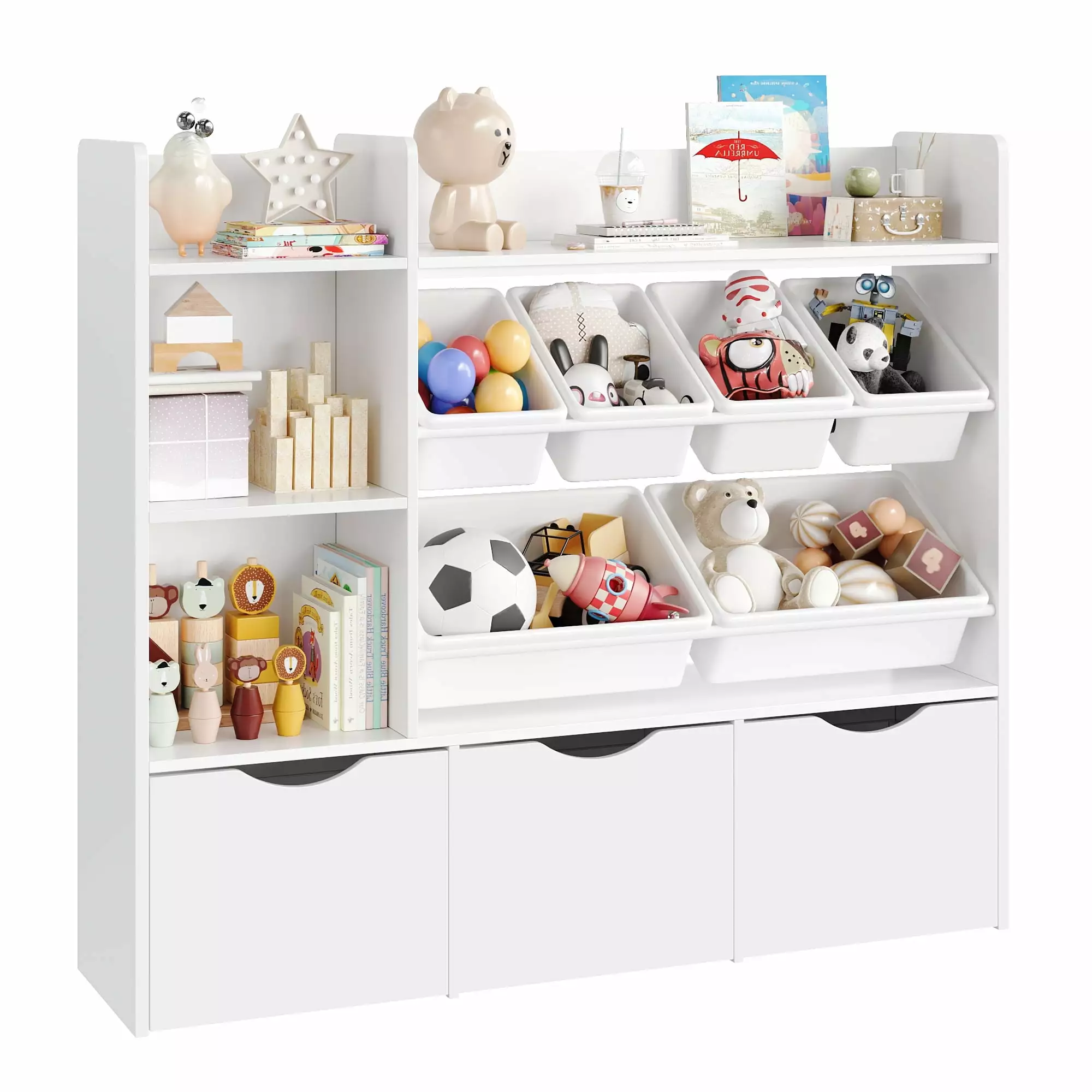 White Kids Bookcase 6 Storage Bins and 3 Drawers Bedroom Nursery Playroom Homfa