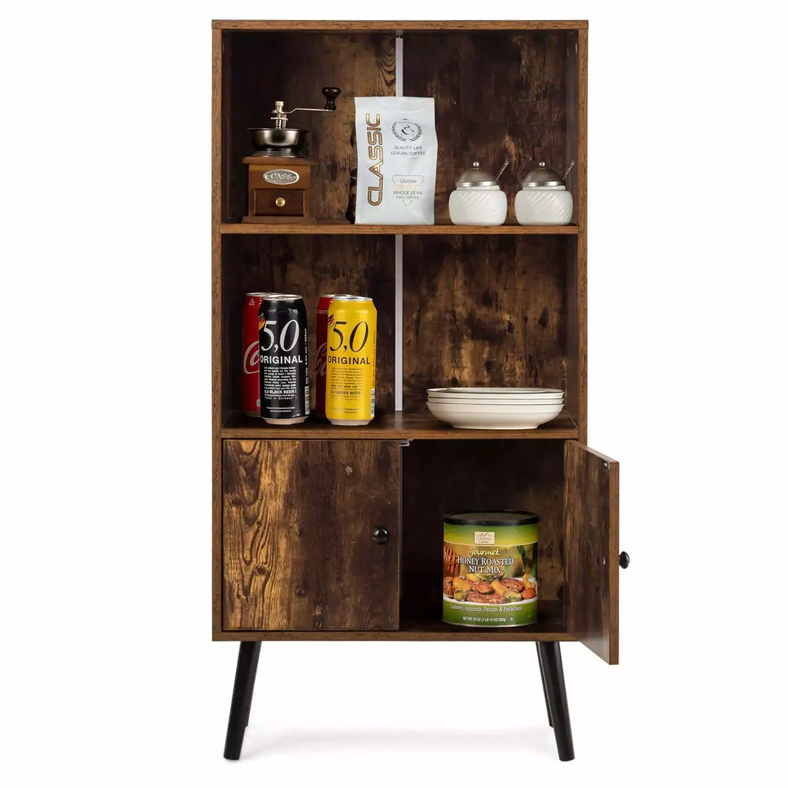 Giantex Retro Bookshelf 3 Shelves 2 Doors Solid Wood Legs Free-Standing Cabinet Living Room Office