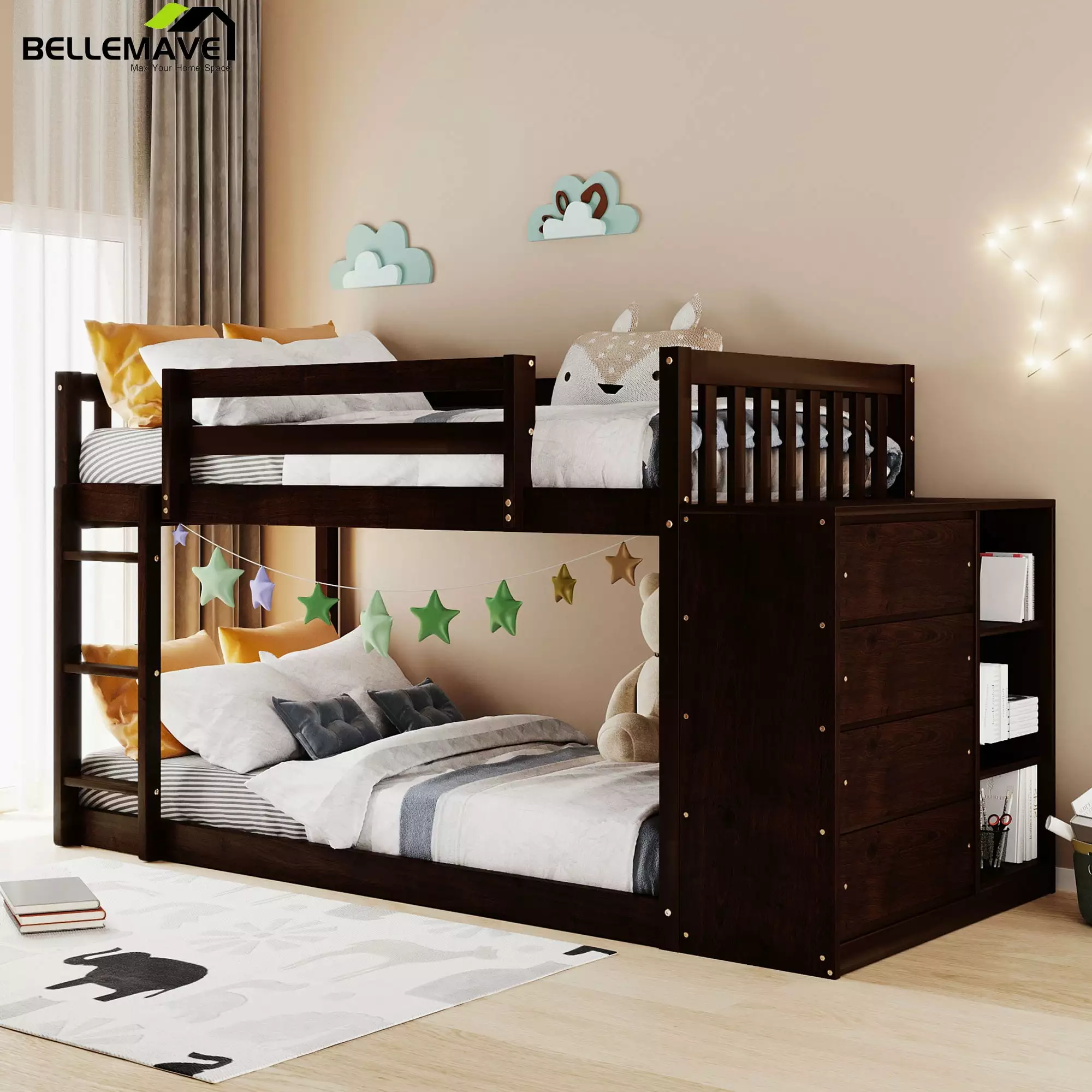 Bellemave Twin Over Twin Bunk Bed Storage Wood Low Bunk Bed 4 Drawers and 3 Shelves Espresso