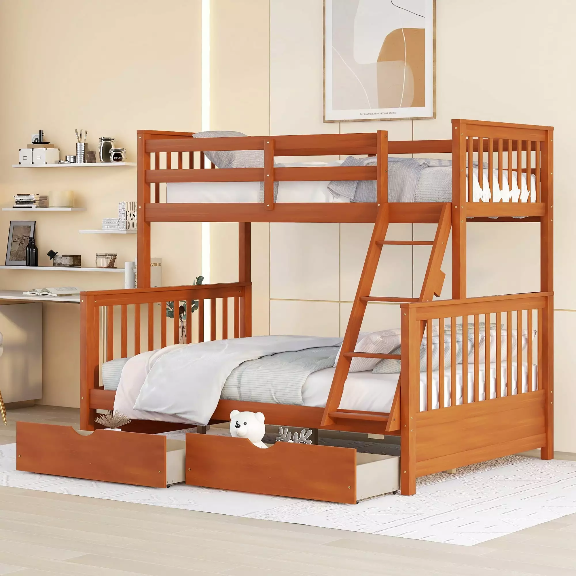CHURANTY Solid Wood Twin Over Full Bunk Bed Storage Drawers and Guardrail