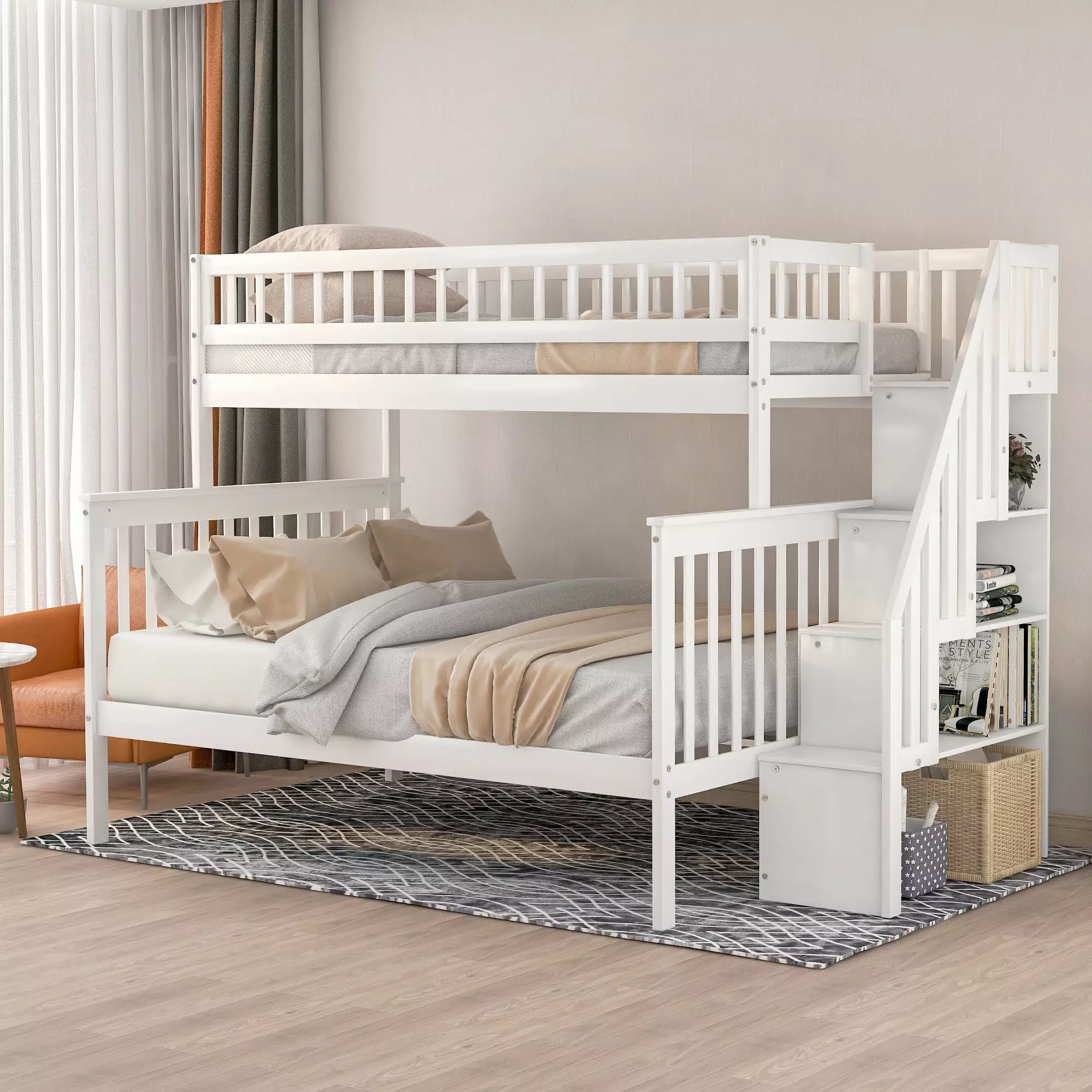 EUROCO Twin over Full Bunk Bed Storage Shelves and Staircase Kids Teens Adults White