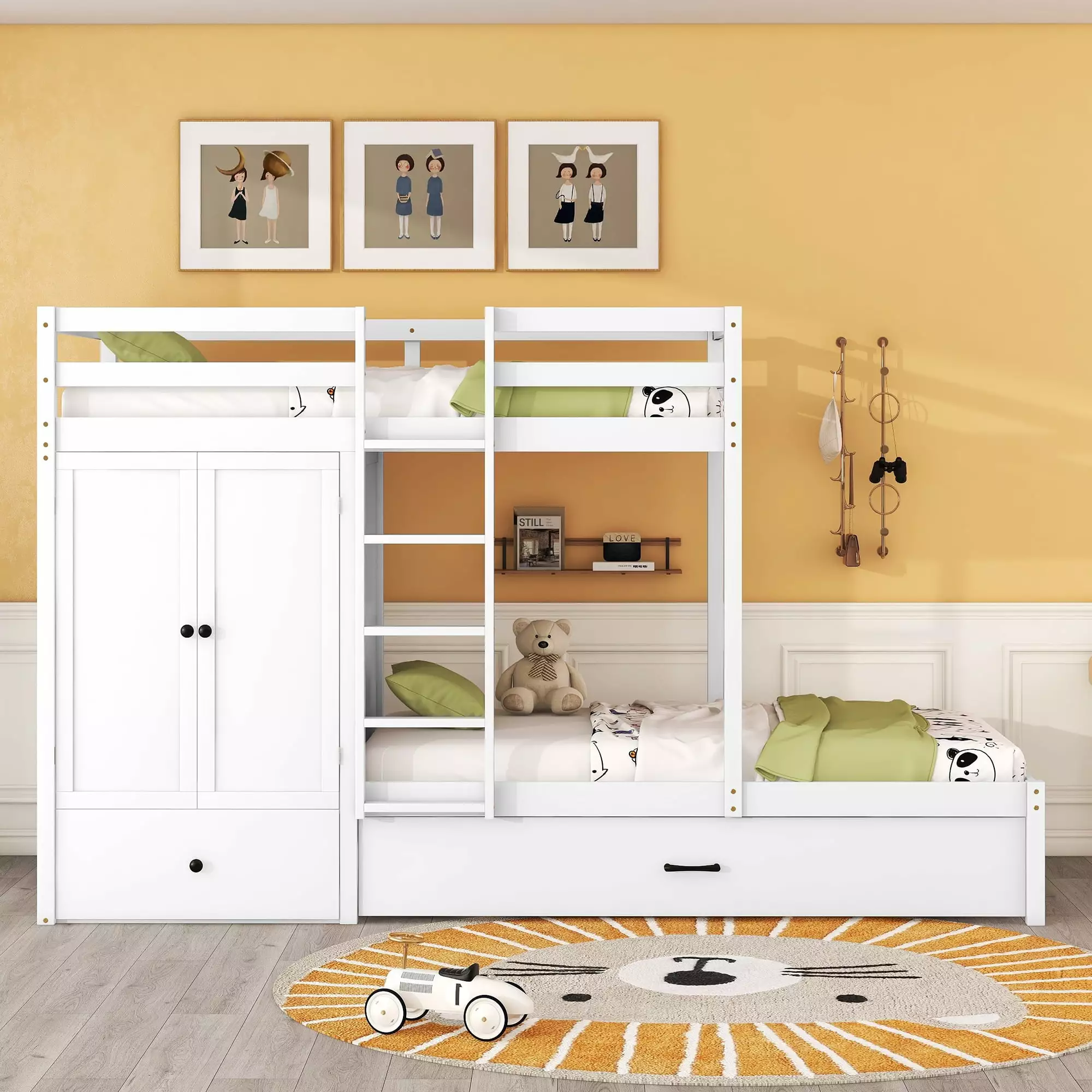 Twin Over Twin Bunk Bed Wardrobe and Trundle Wood Bed Frame Storage Drawers Kids Hombay