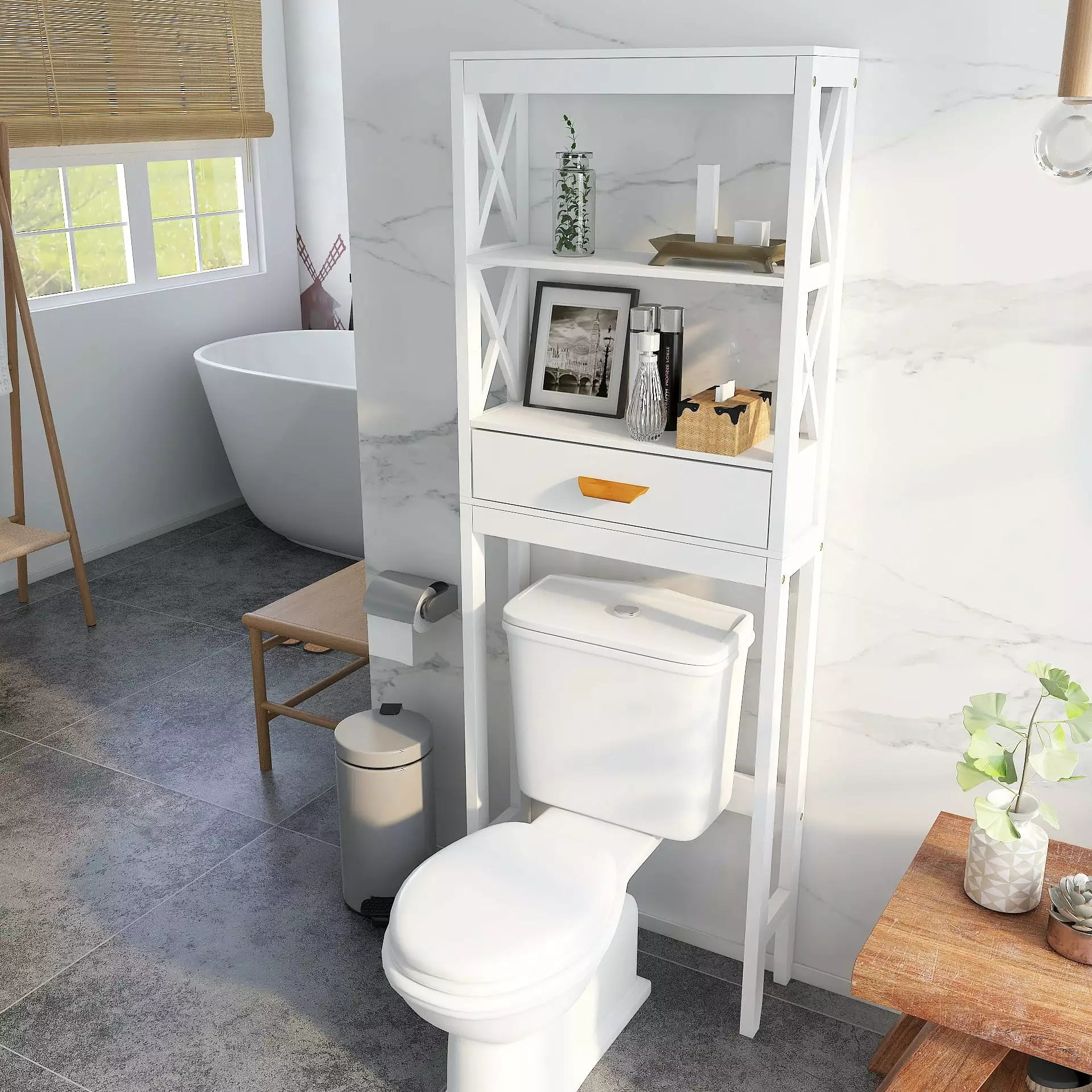 Bathroom Storage Cabinet White Over--Toilet Freestanding Bathroom Arranger Rack Space Saver Shelf and Drawer 64.76 Inches ...