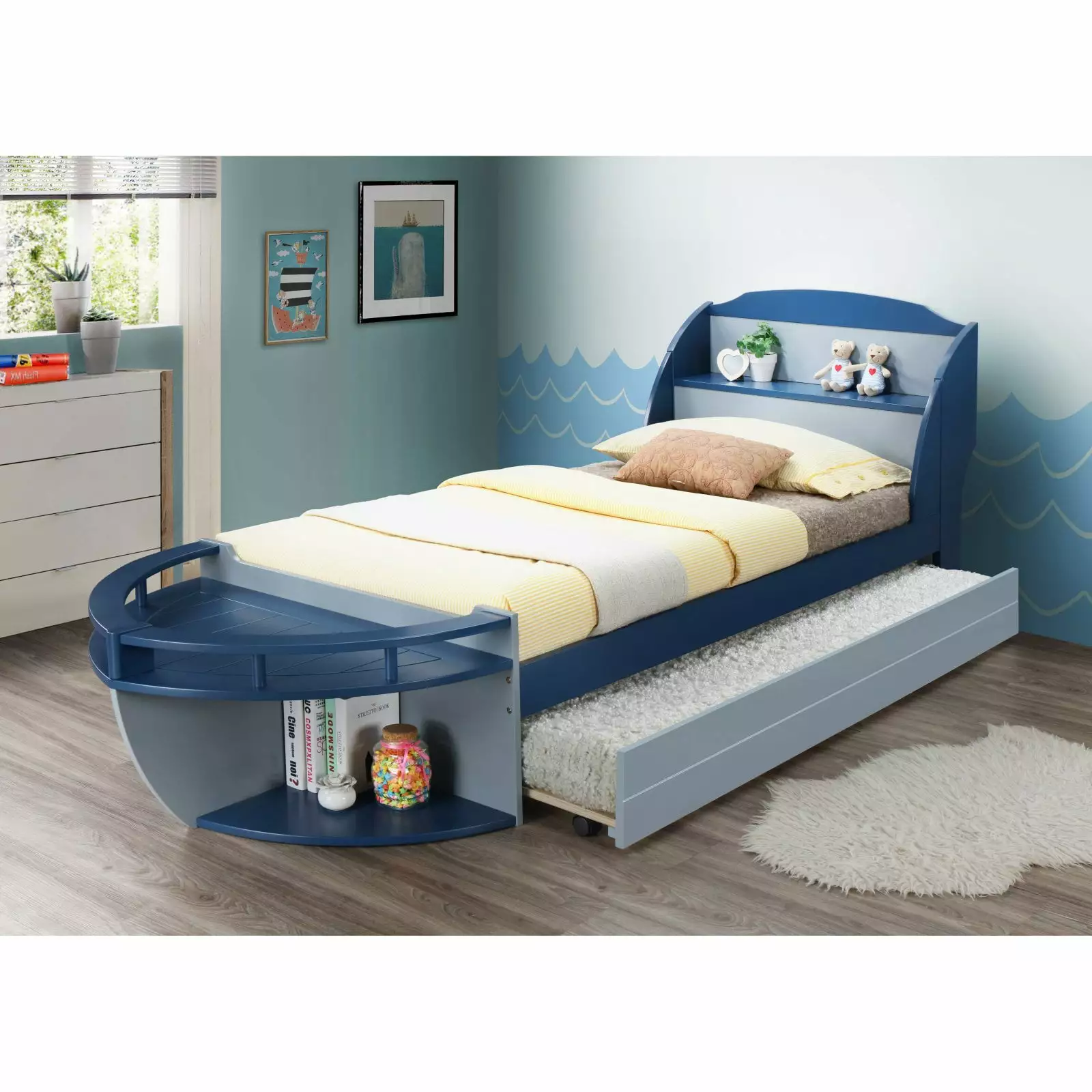 Acme Furniture Neptune II Bookcase Captains Bed Optional Storage Trundle Navy and Gray