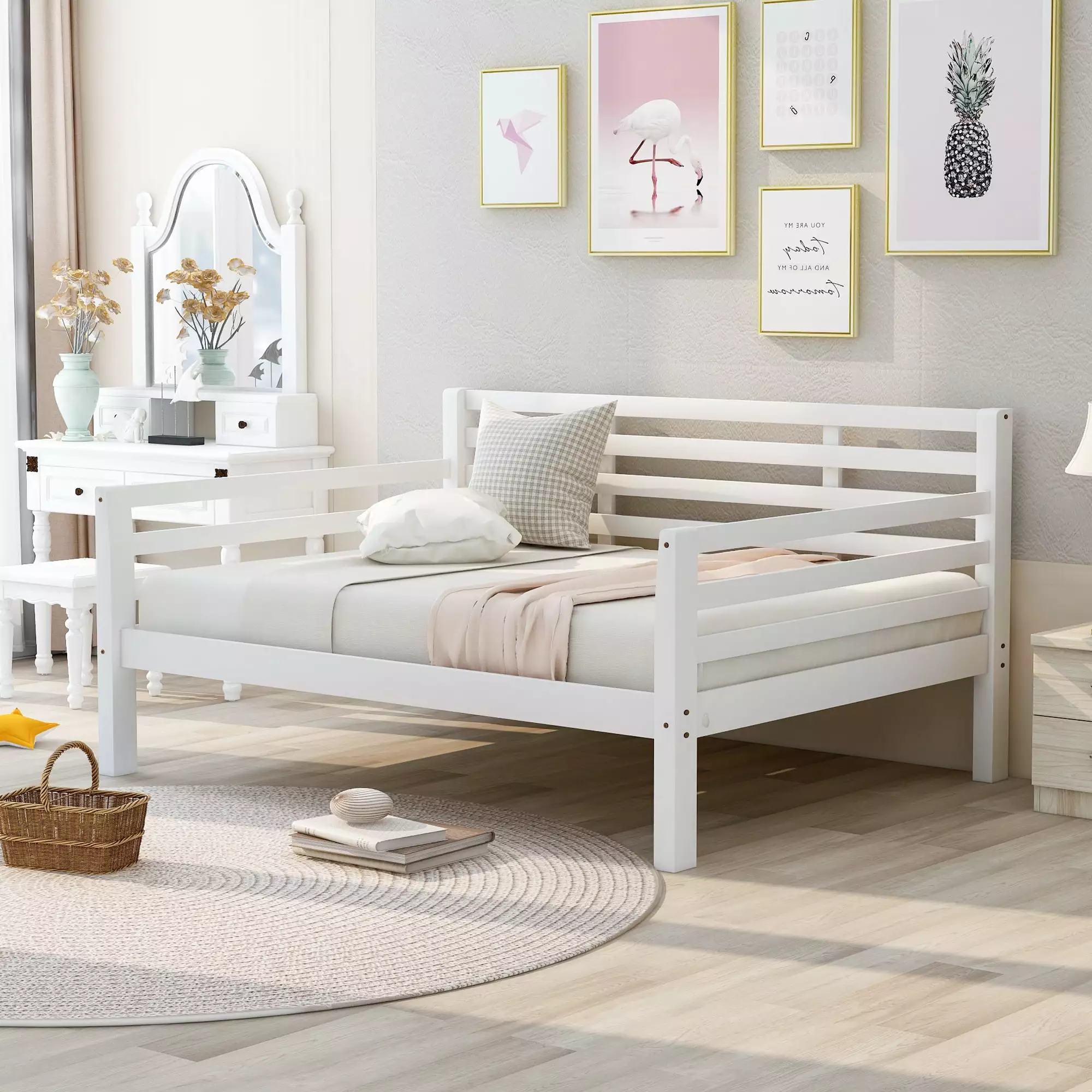Euroco Pine Wood Storage Daybed Full White Convertible Sofa Bed Storage