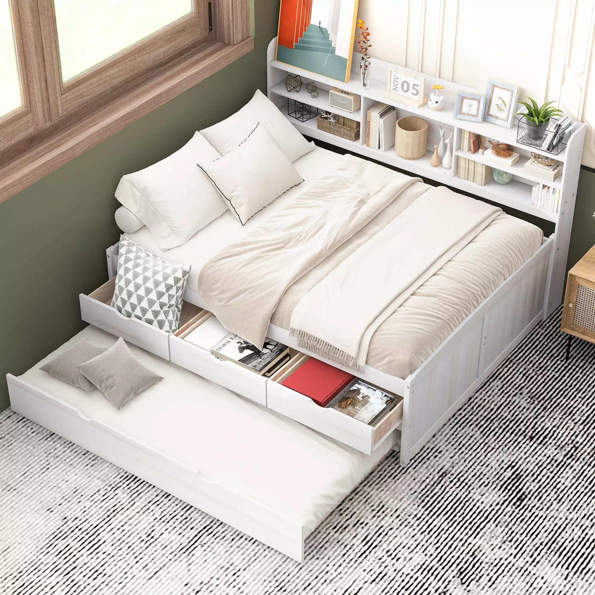 Euroco Wood Full Size Daybed Shelf Trundle and Drawers Wood Captain Platform Bed Storage 3 Drawers and Trundle White