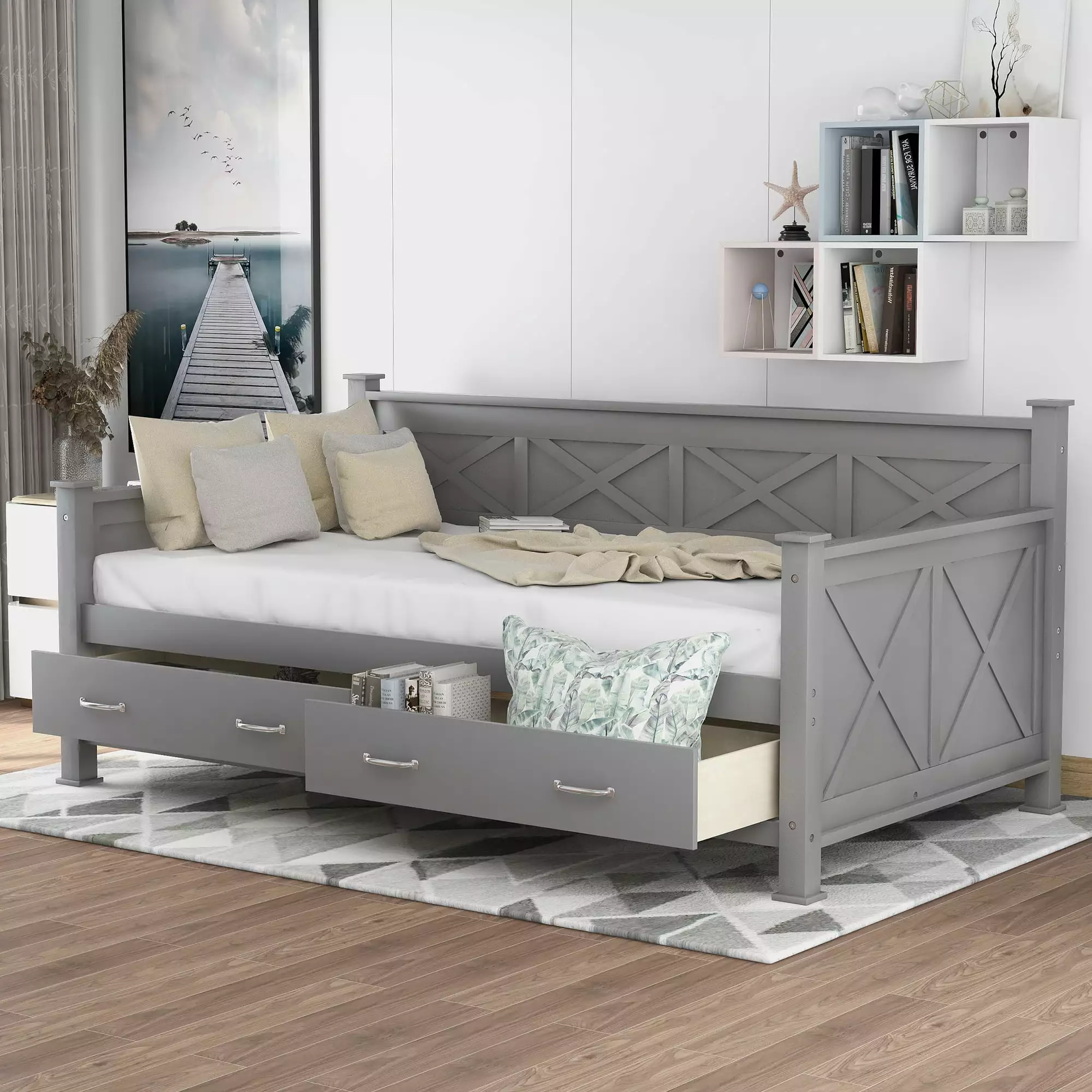 Euroco Wood X-Shaped Twin Daybed Two Storage Drawers Kids Bedroom