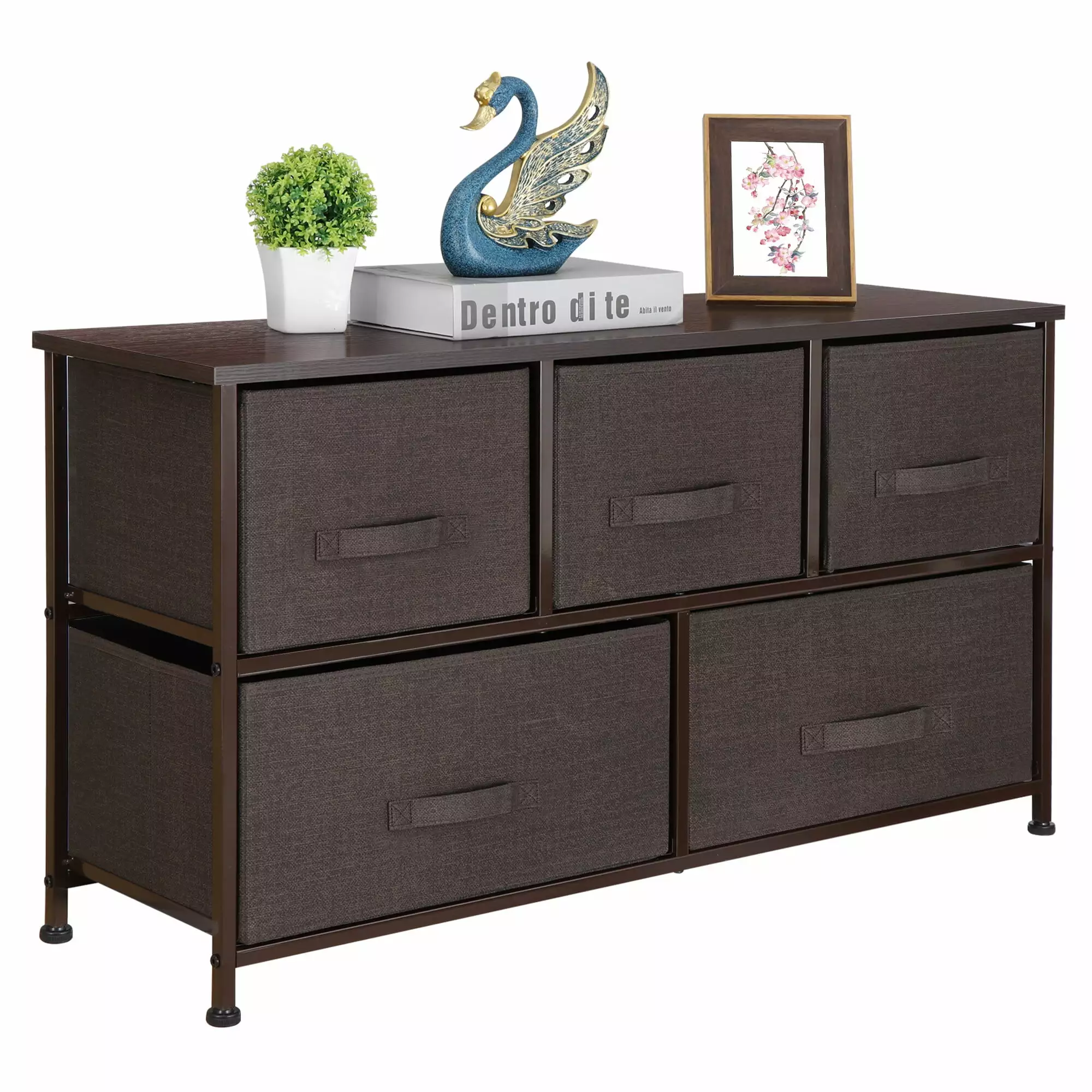 HomGarden Modern 2-Tier Storage Dresser 5 Drawers Wide Chest Fabric Arranger Furniture Brown