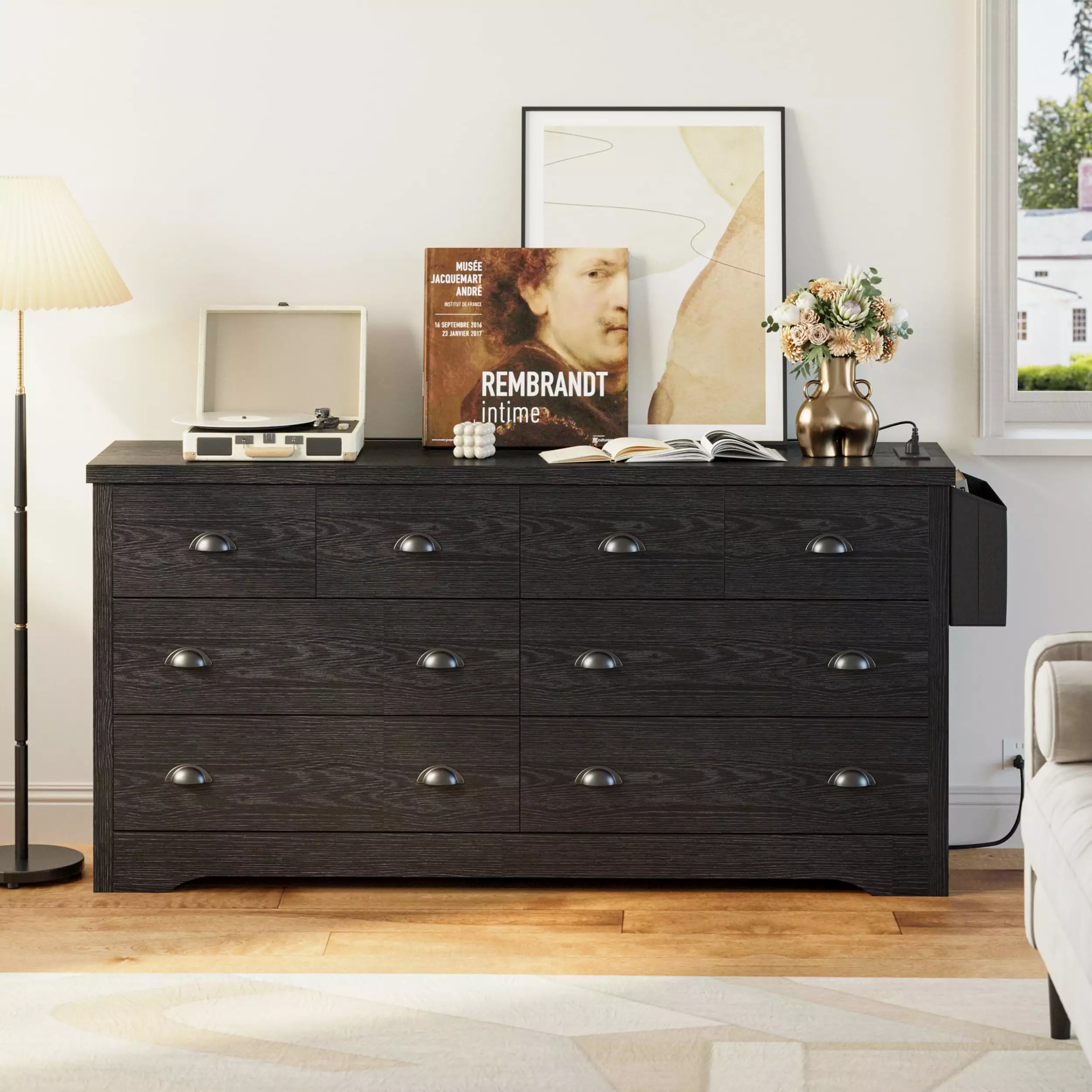 LIKIMIO 8 Drawer Dresser Charging Station and Side Storage Bag Wood Chest Drawers Black