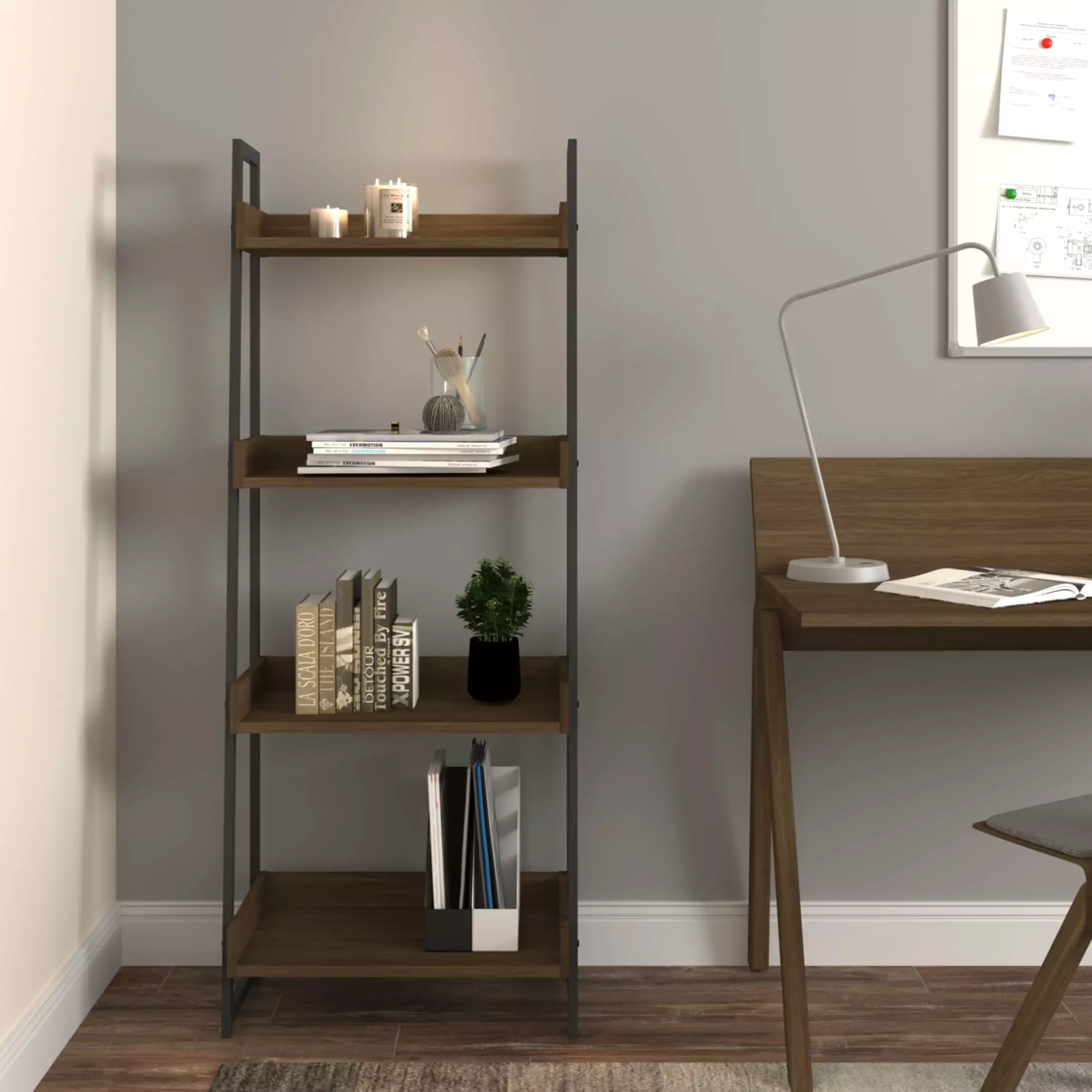 Mainstays Mixed Material 4-Shelf Bookcase Walnut Finish Home Office