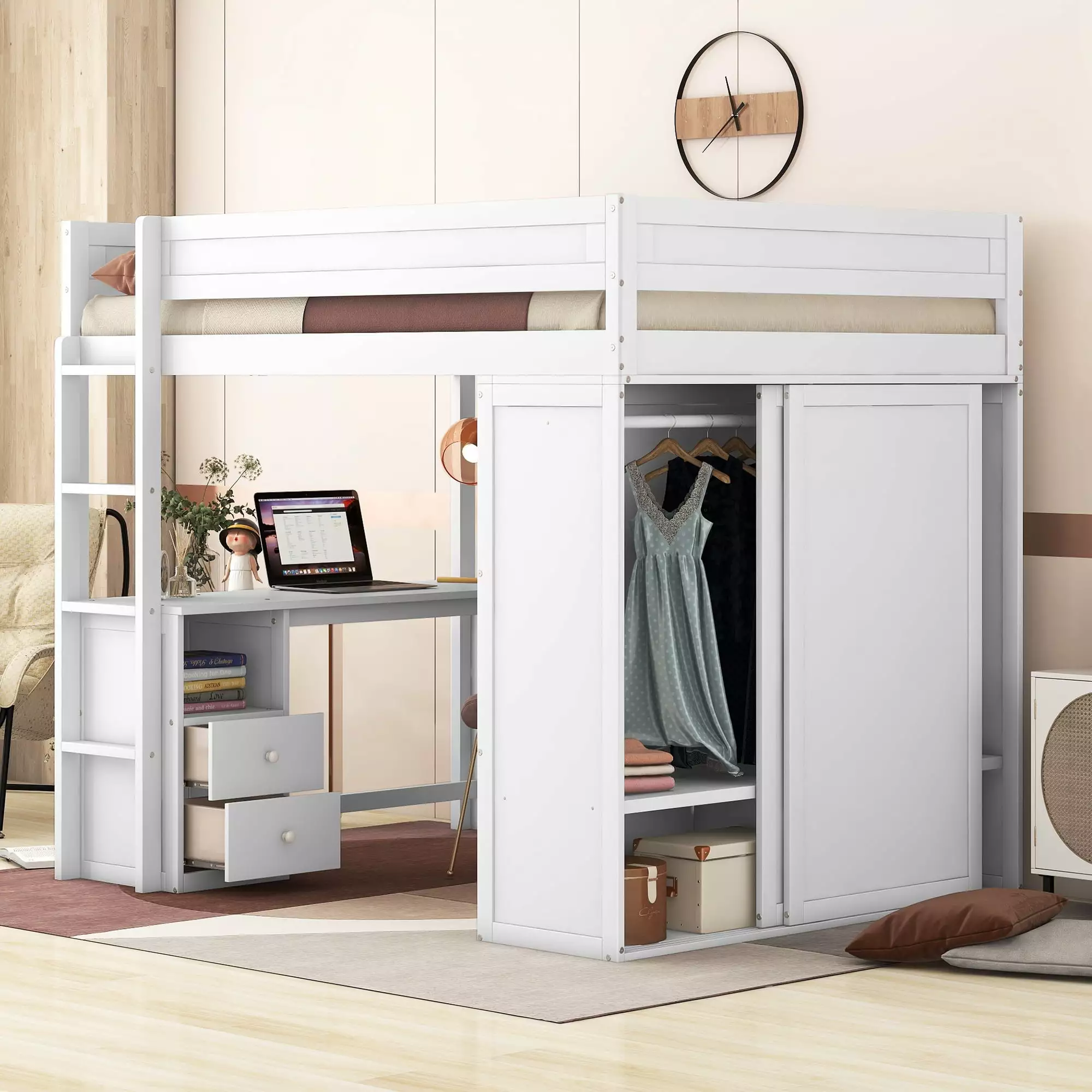 EUROCO Wood Full Size Loft Bed Storage Desk Drawers and Wardrobe Living Room White