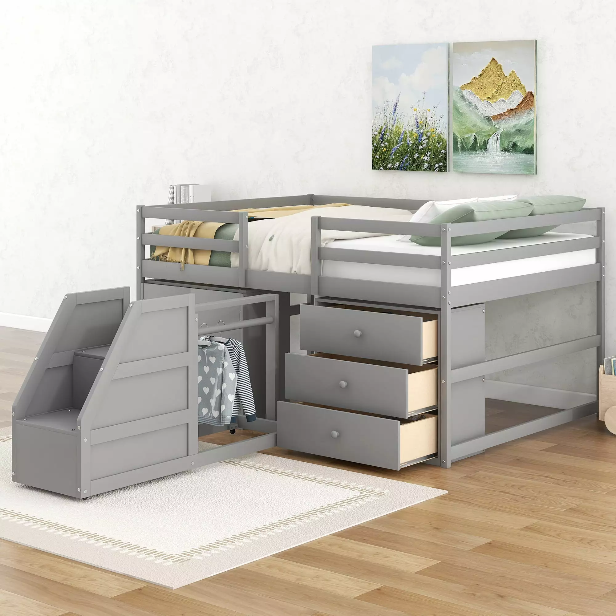 Euroco Wood Full Size Loft Bed Moveable 3 Drawers, Cabinet, Clothes Hanger and Staircase - Gray