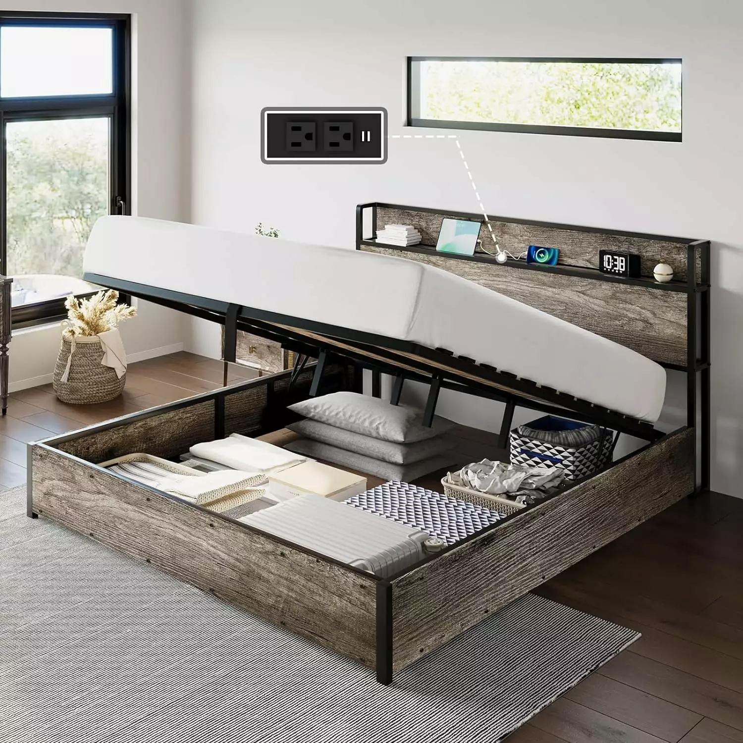 AMERLIFE King Size Lift Up Storage Bed Frame Wooden Platform Bed Charging Station Rustic Grey