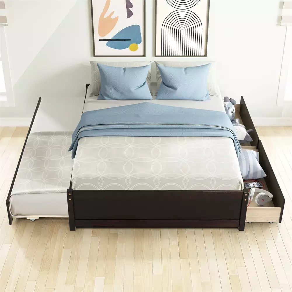 Full Size Platform Bed Twin Size Trundle and 2 Drawers Solid Wood Storage Bed Espresso ARCTICSCORPION