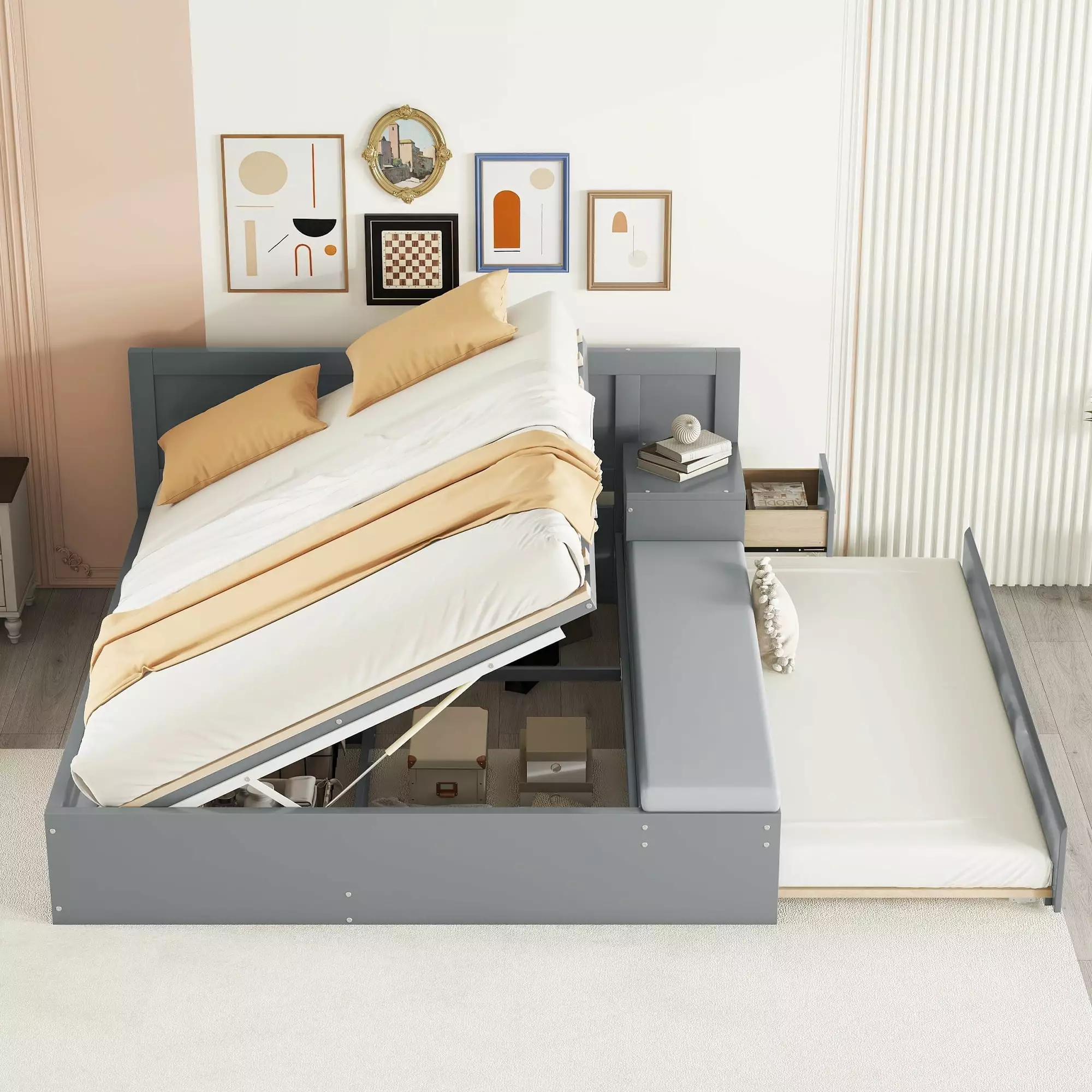 EUROCO Wood Full Size Storage Platform Bed Desk and Trundle Gray