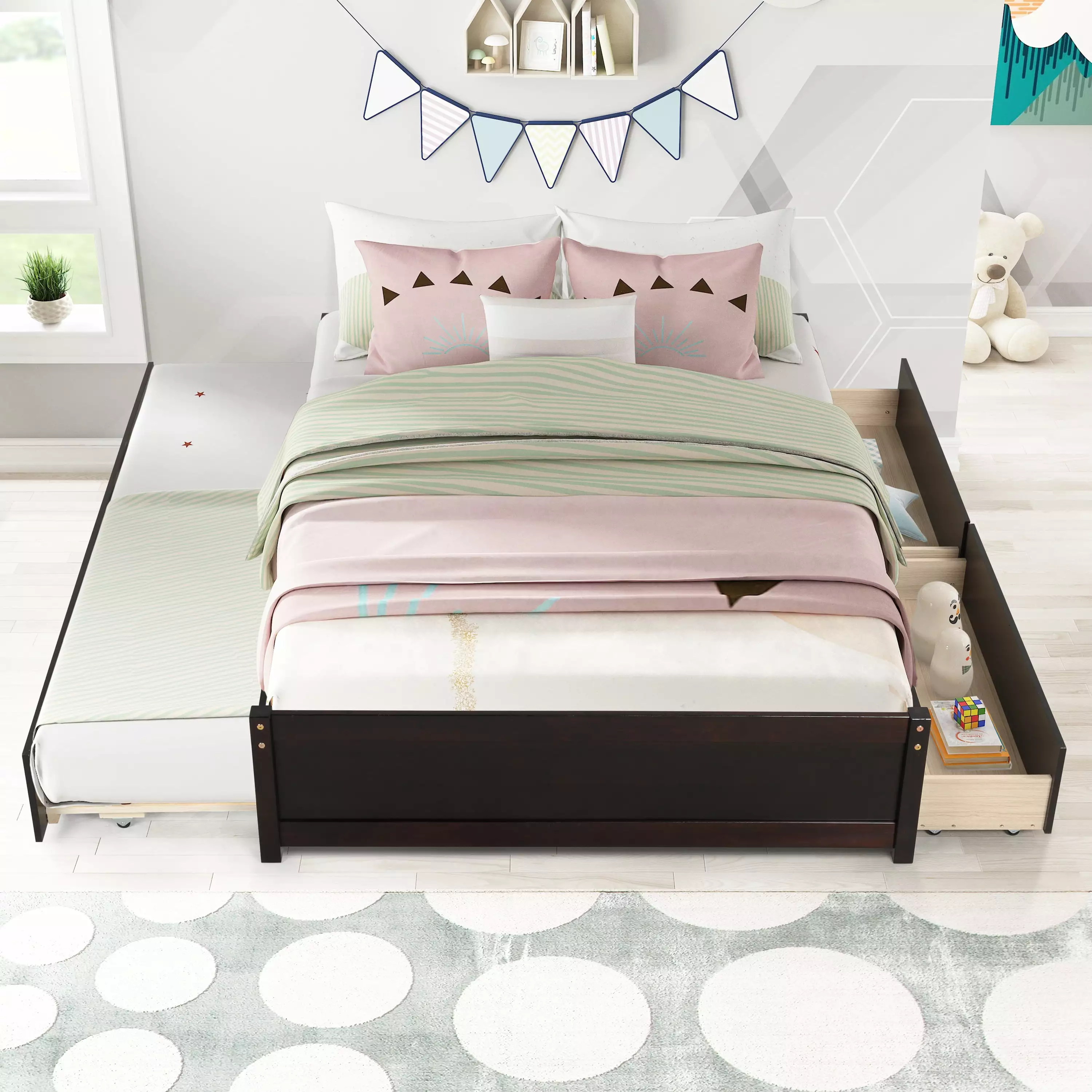 Ouyessir Full Size Platform Bed Trundle and 2 Storage Drawers - Solid Pine Wood Bed Frame Slats Support - Espresso